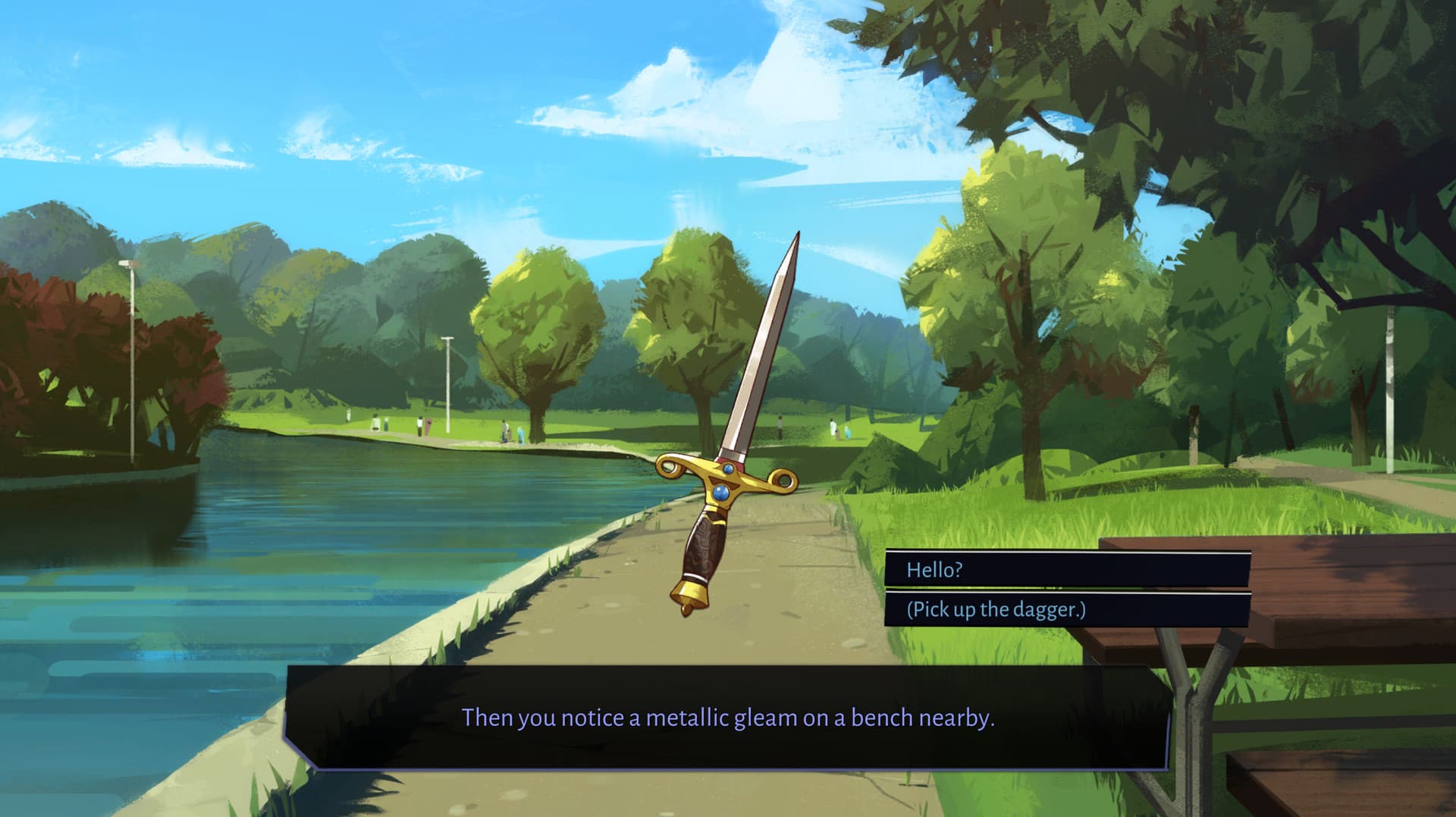 Boyfriend-Dungeon-Spielszene: In einem Dialog am See stehen „Hallo?“ und „Den Dolch aufheben“ zur Wahl.
