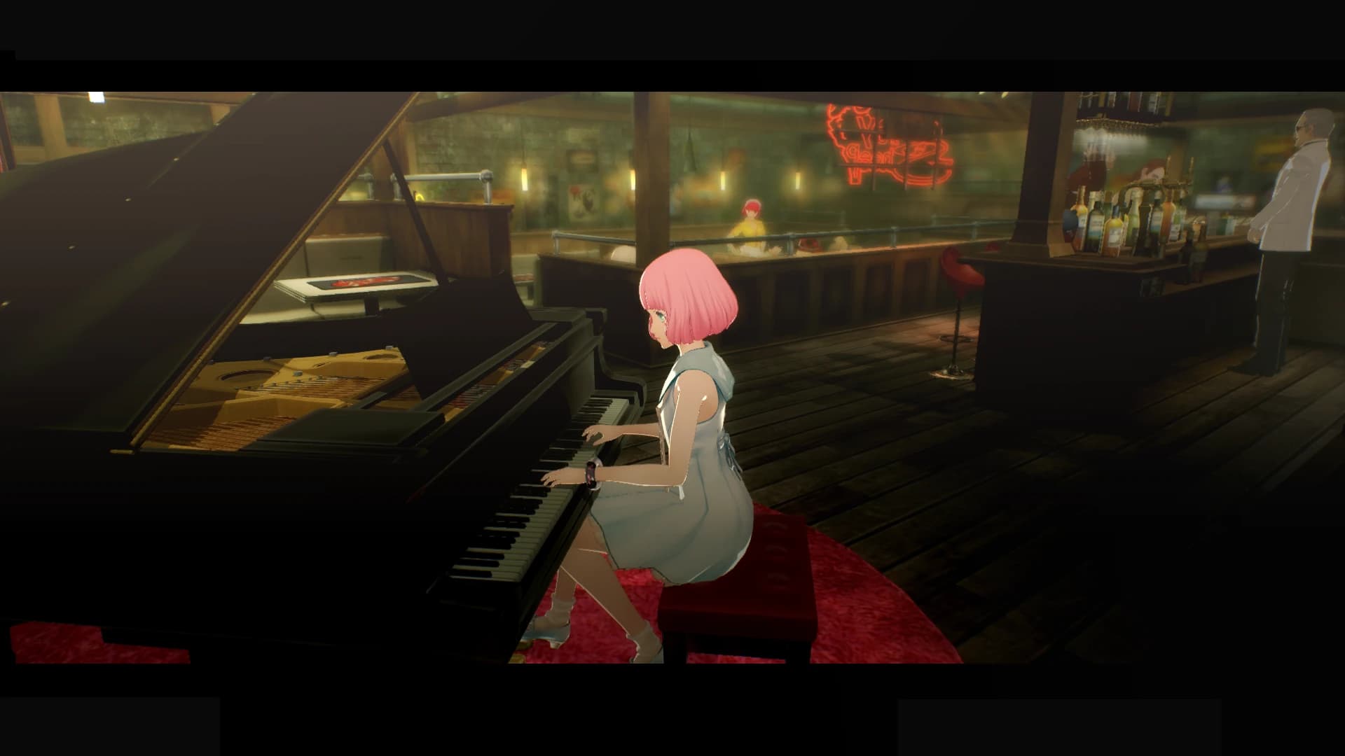 Скриншот из Catherine: Full Body: Рин сидит за пианино в баре Stray Sheep.