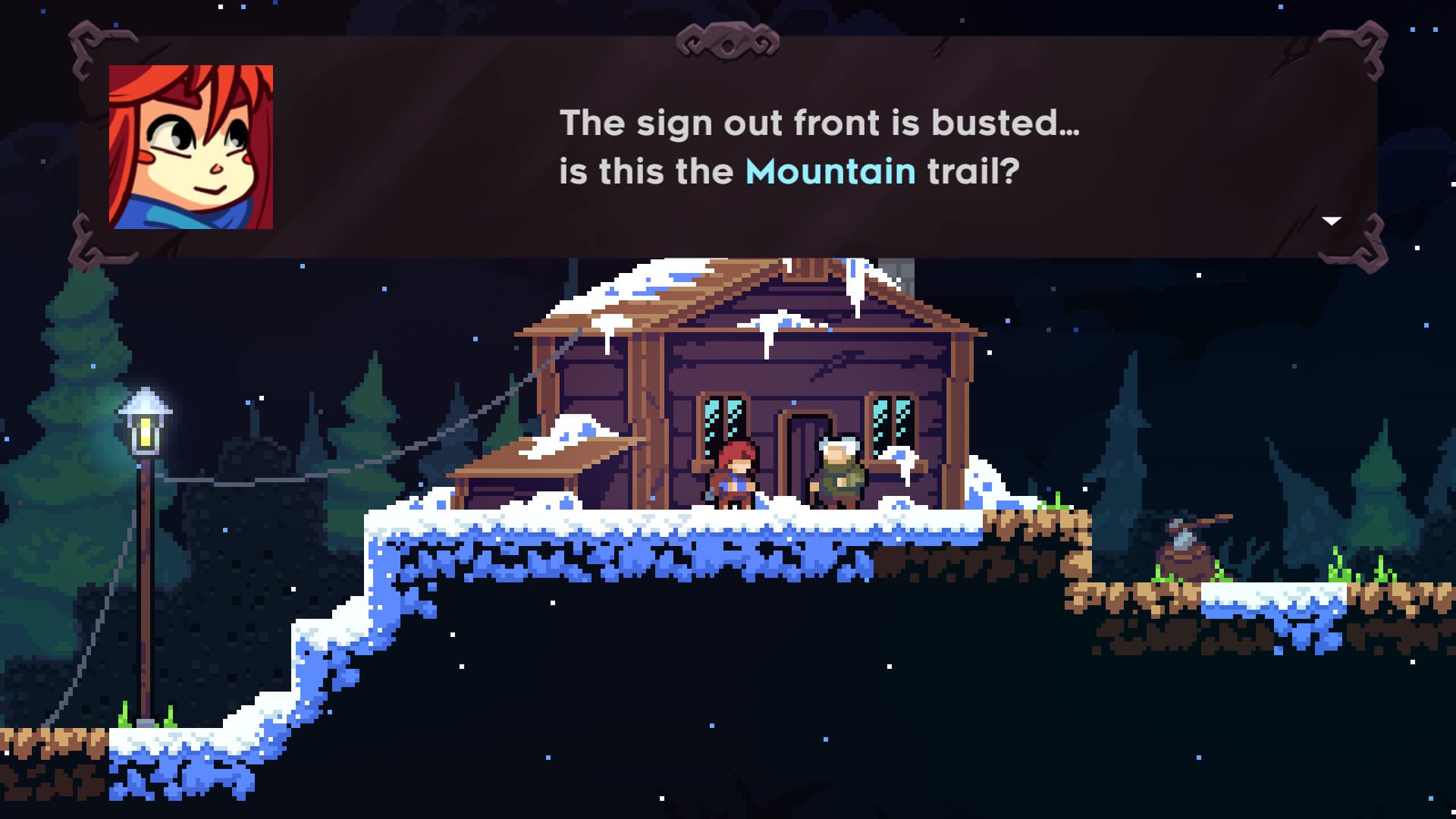 Celeste: Пиксельный персонаж стоит у горного поезда под окном диалога.
