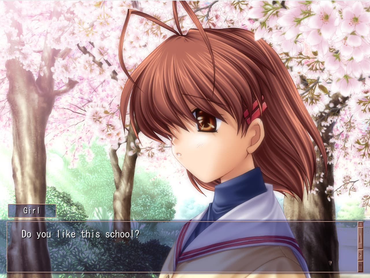 CLANNAD 게임 화면: 벚꽃 아래 서 있는 소녀와 화면에 표시된 대사.