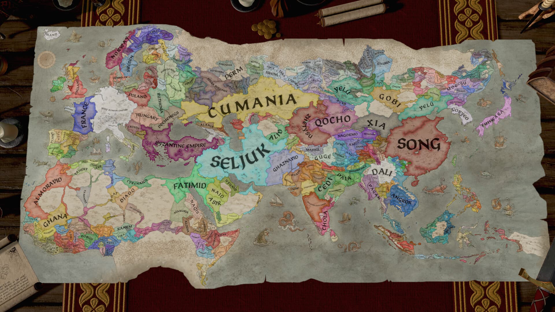 Crusader Kings III: Eine Pergamentkarte eines fiktiven Reiches füllt den Bildschirm.