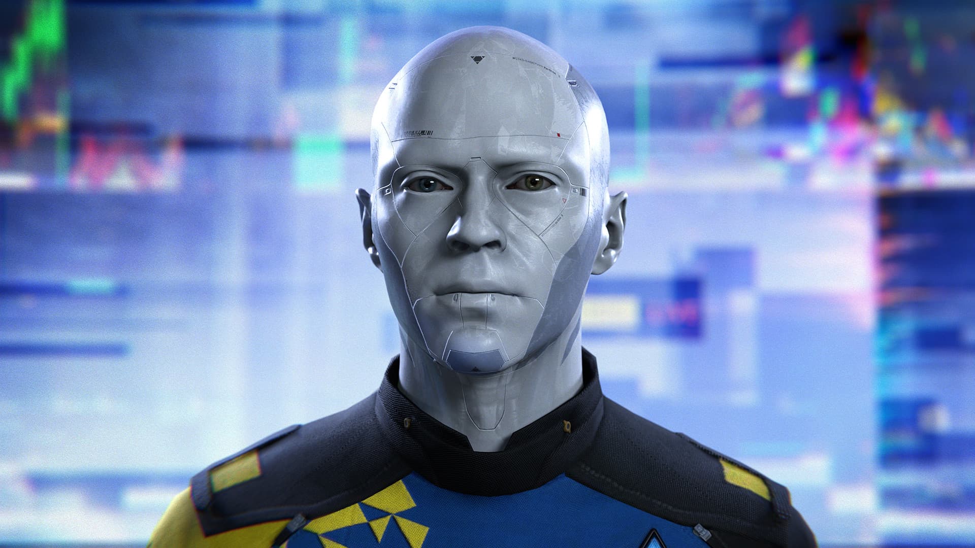 《Detroit: Become Human》游戏画面:仿生人面部特写,旁边显示扫描界面。