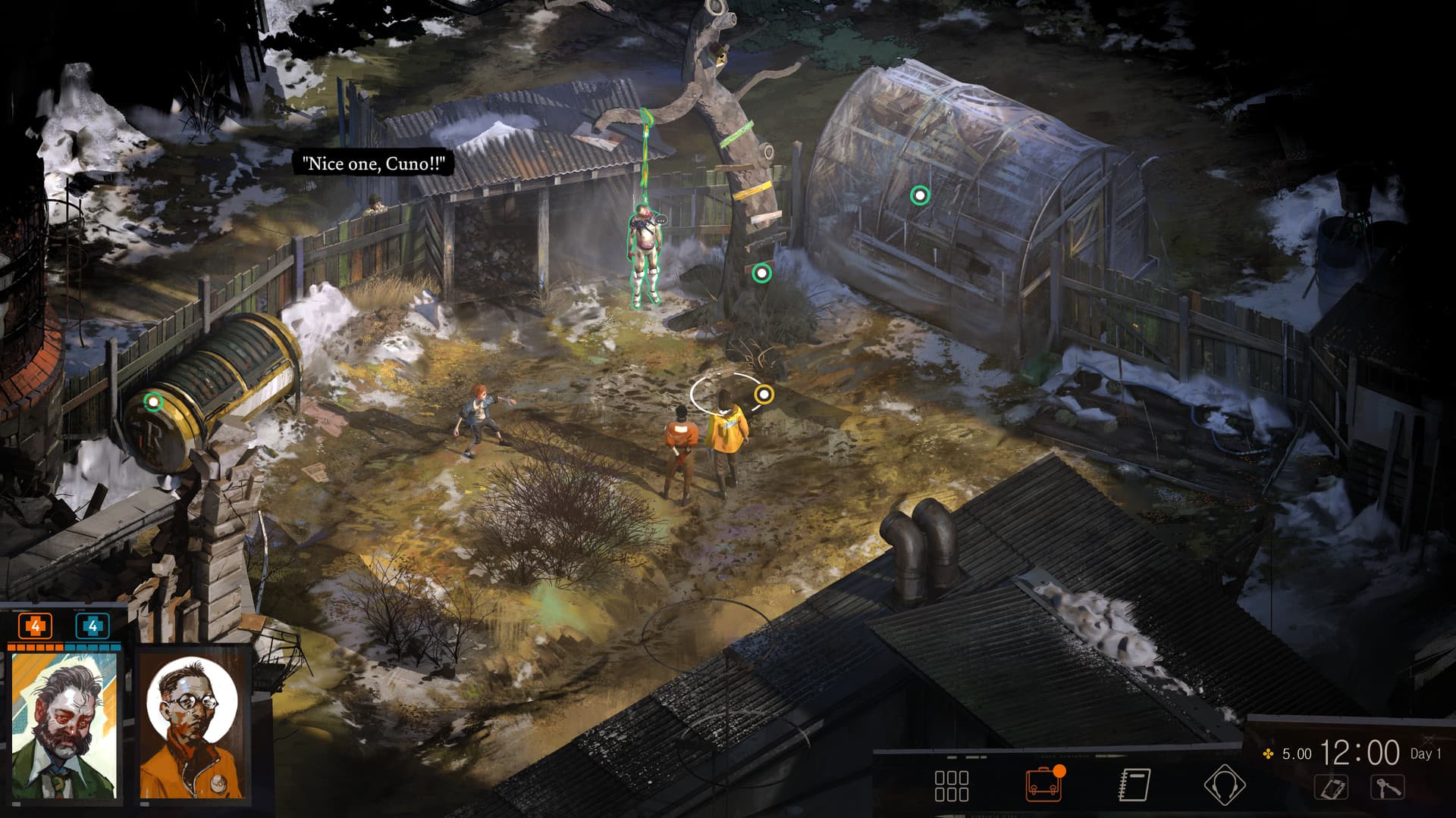 Screenshot aus Disco Elysium - The Final Cut: Harry und Kim untersuchen die Leiche in Martinaise, Cuno steht in der Nähe.