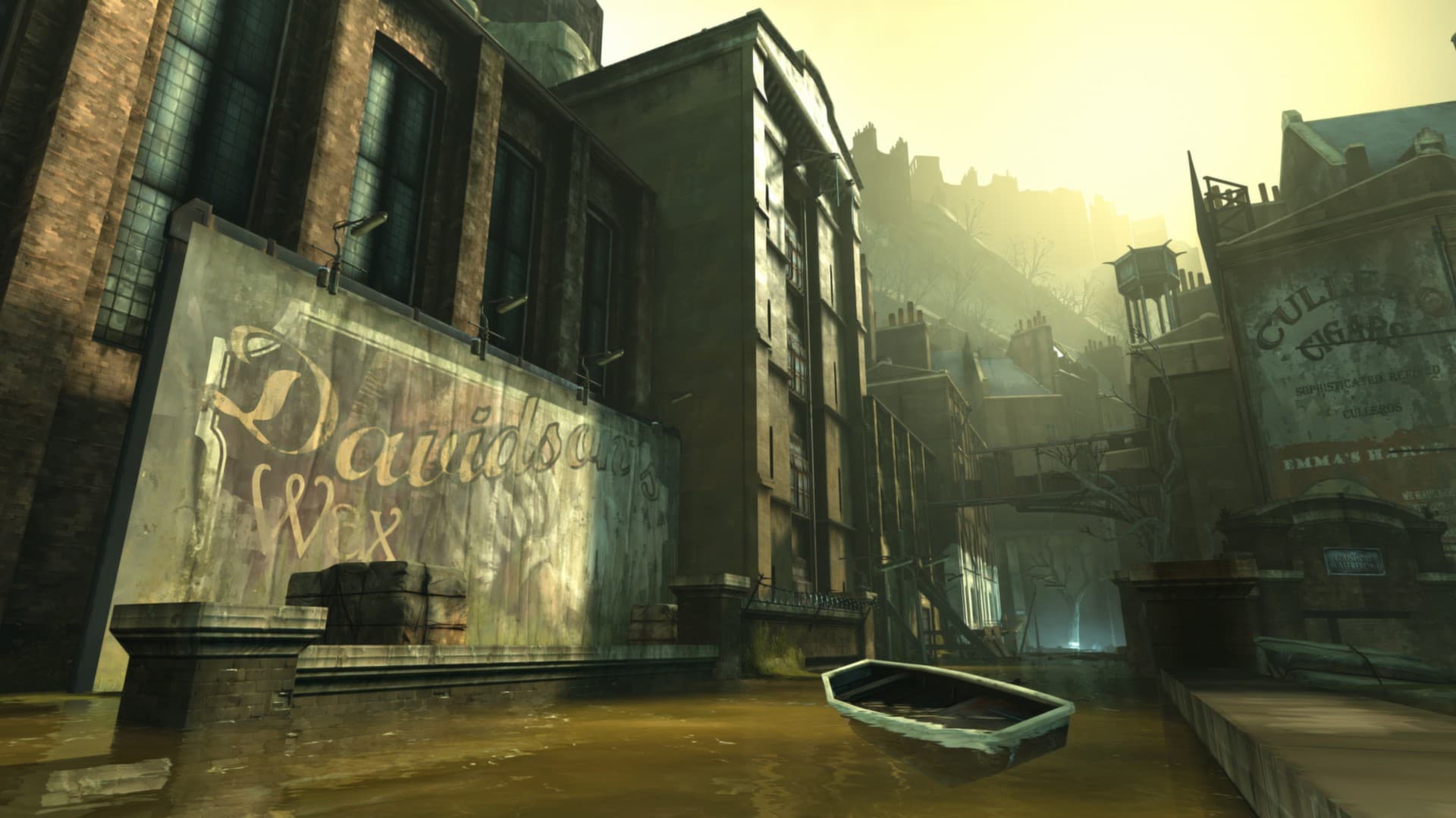 Dishonored: A lone figure faces a weathered city street in warm light.