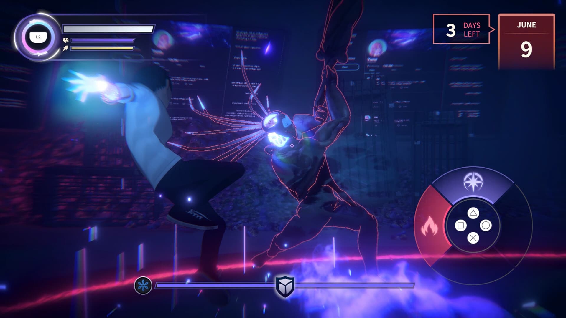 Eternights: Un personnage combat un grand ennemi au milieu d’effets bleus et violets.