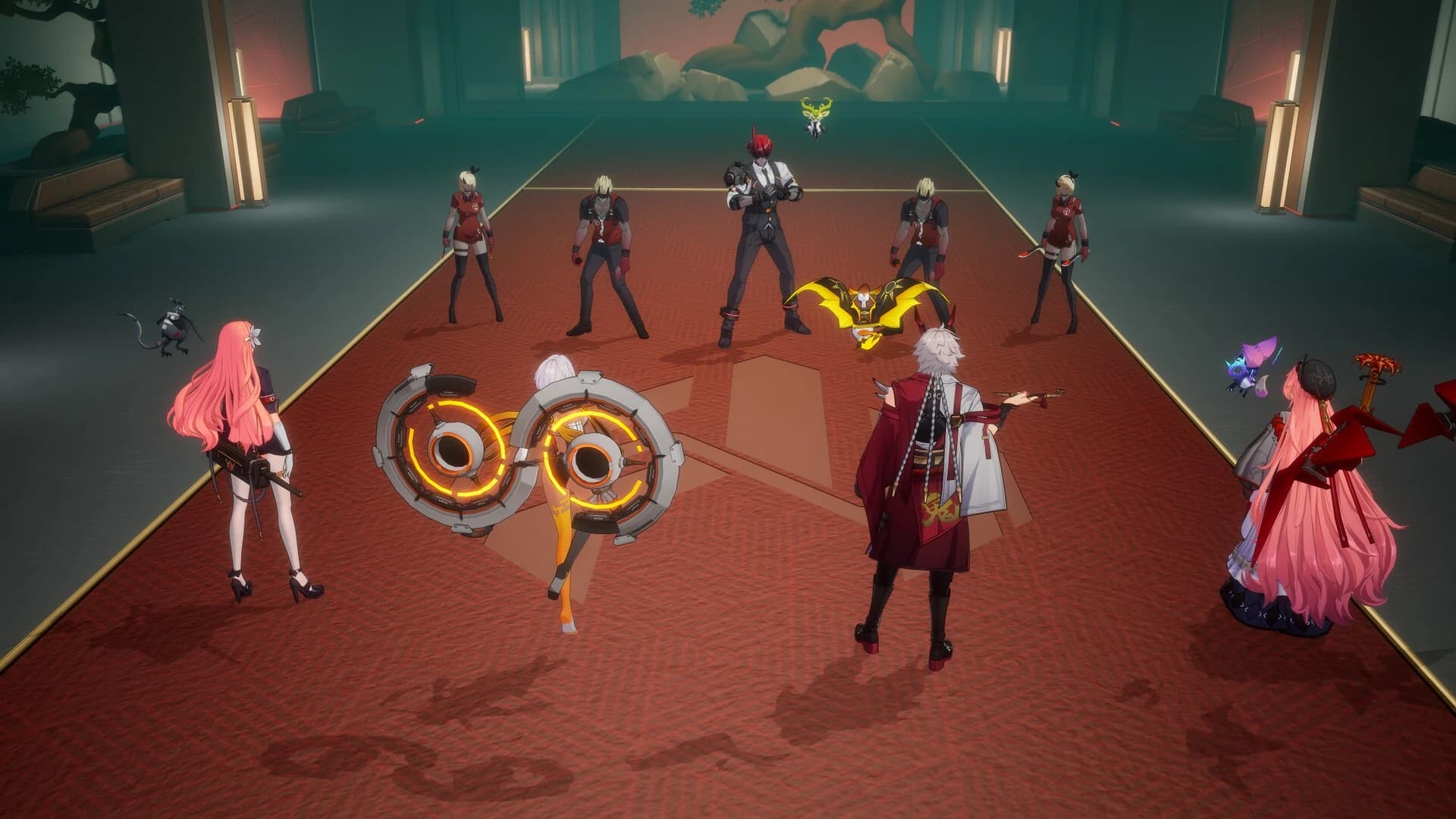 『Etheria: Restart』のゲーム画面:赤く照らされた闘技場で、キャラクターたちがターン制バトルの敵と対峙している。