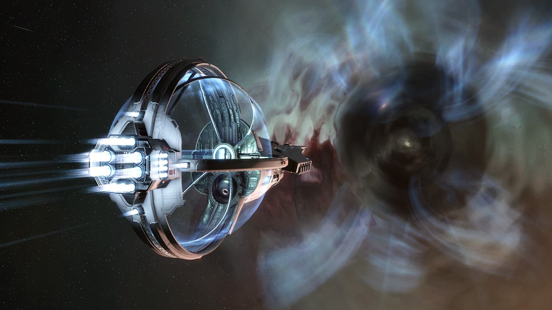 EVE Online: 宇宙船が星々の広がる宙域を進んでいる。