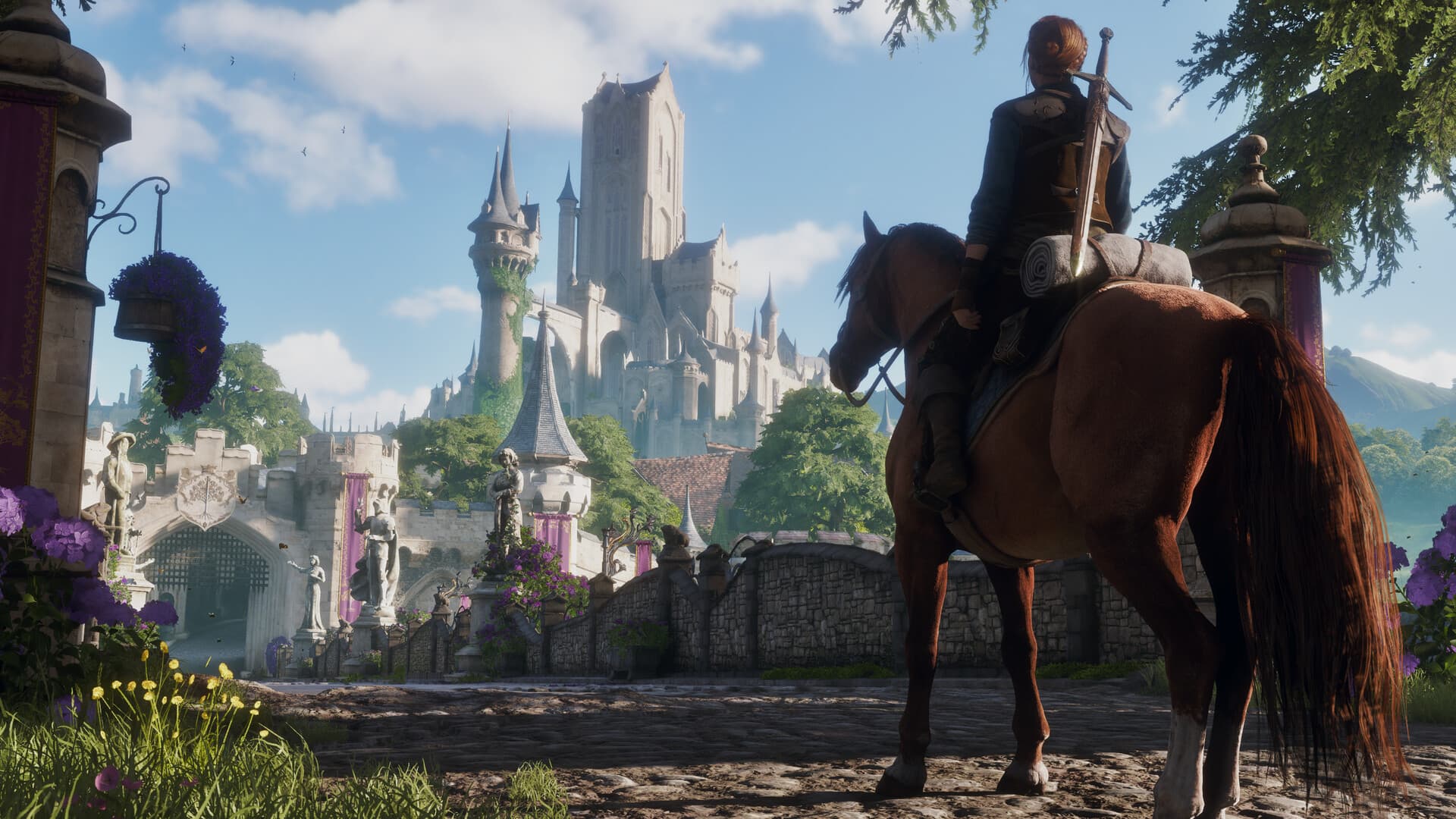 Characters ride horses through a bright open landscape in an official preview image.