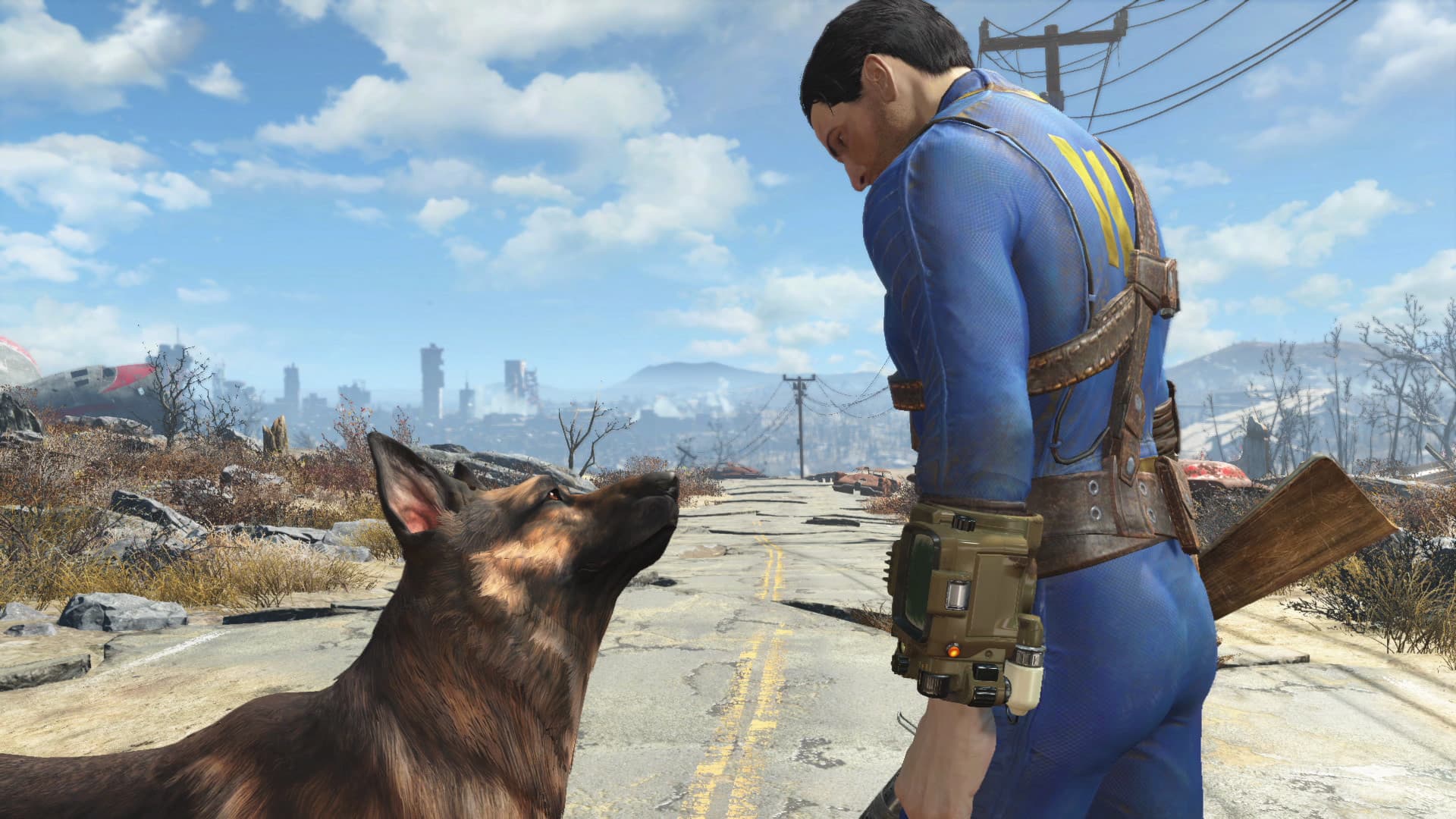 Fallout 4: Un survivant en combinaison d’abri se tient avec un chien dans les terres désolées.