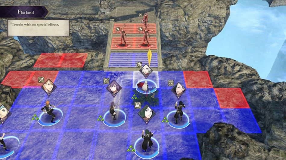 Fire-Emblem-Three-Houses-Spielszene: Die taktische Karte zeigt Bewegungsfelder, die ausgewählte Einheit und einen Terrainhinweis.