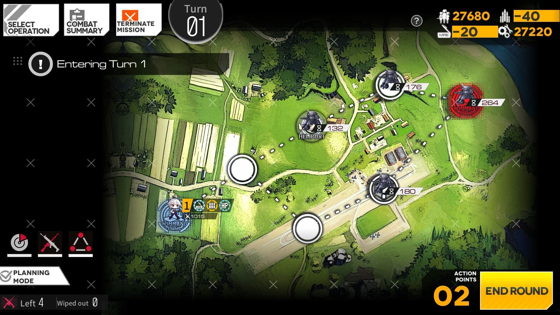Girls' Frontline: Une carte tactique affiche les positions des unités et les commandes de tour.