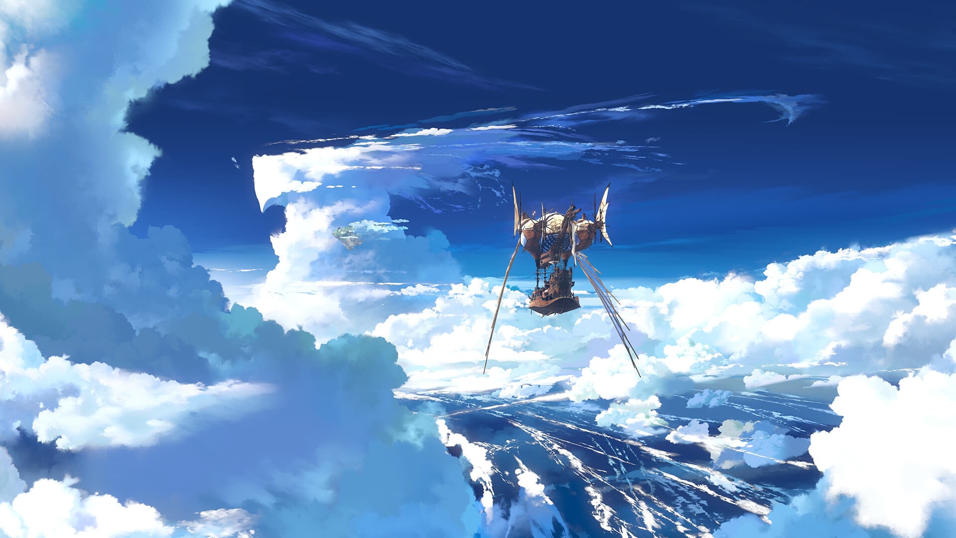 Granblue Fantasy: Relink: 넓게 펼쳐진 푸른 하늘과 구름을 배경으로 캐릭터가 서 있다.