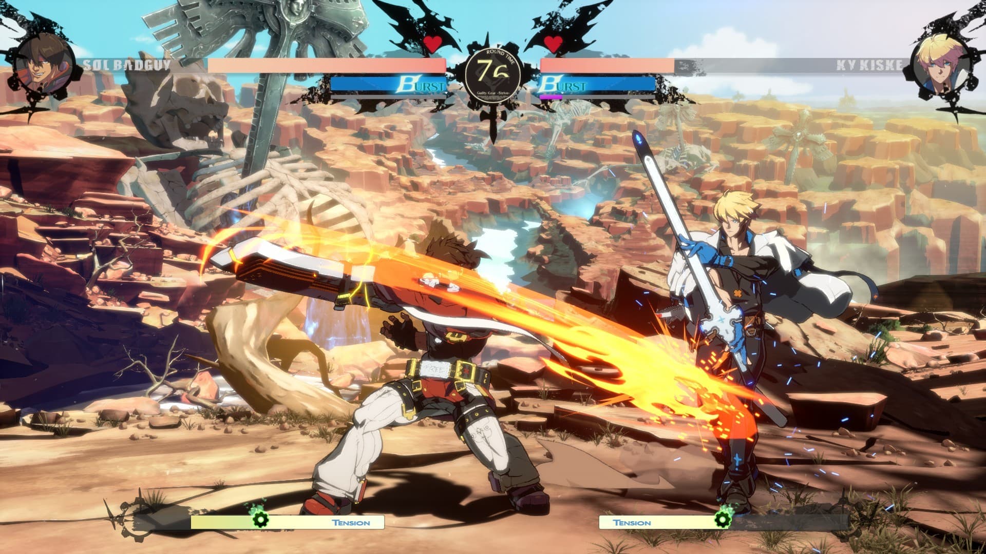 GUILTY GEAR -STRIVE-: 明るい衝撃効果とともに、2人の格闘家がぶつかり合っている。