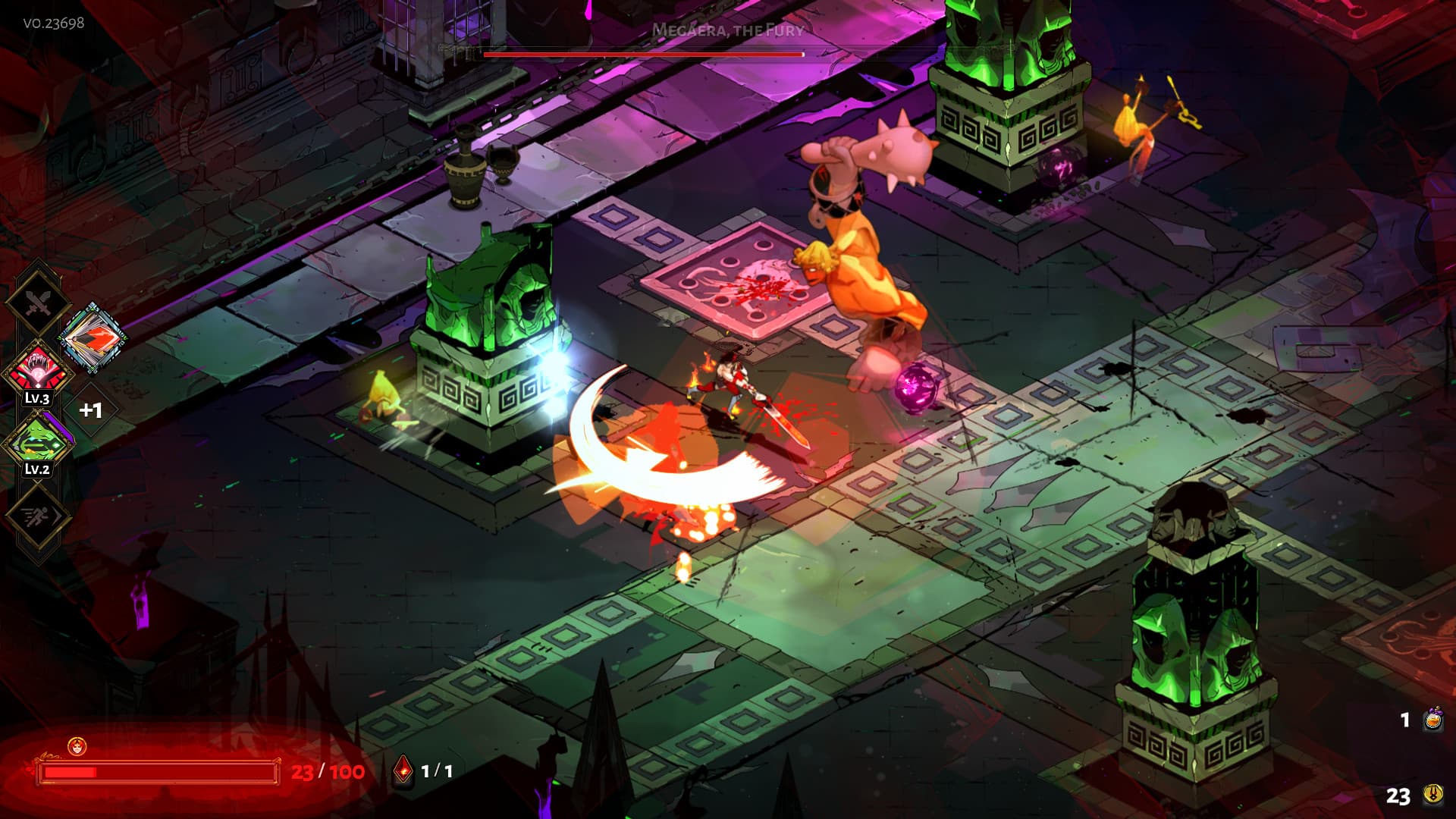 Hades: Un petit héros combat dans une salle éclairée par des torches.