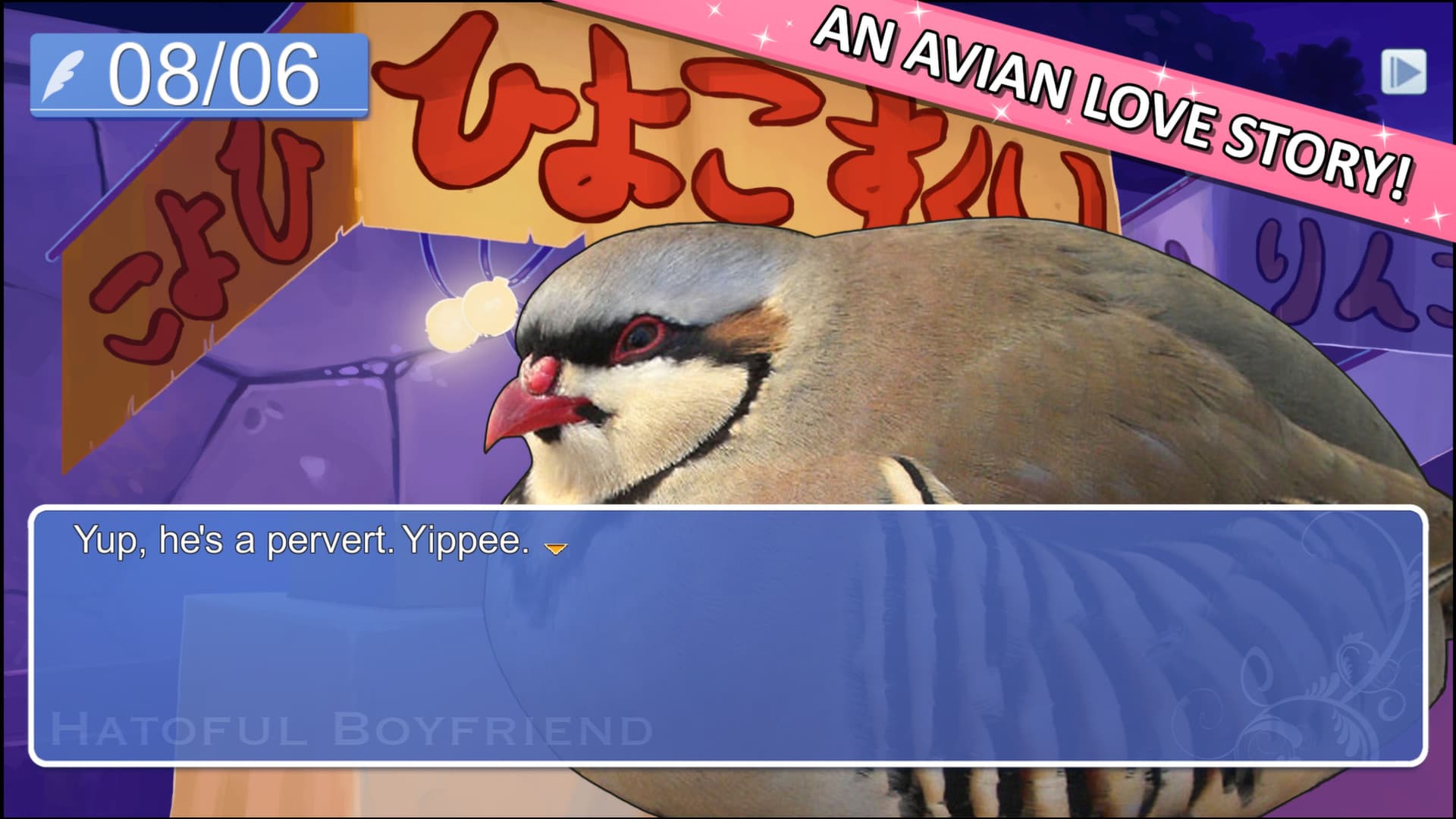Hatoful Boyfriend: 비주얼 노벨 대화 장면에 비둘기가 등장한다.