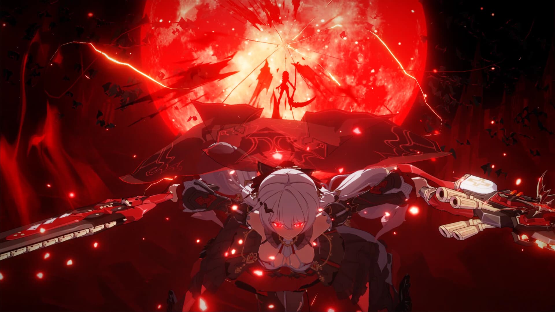 Honkai Impact 3rd: Un personaje combate entre efectos rojos y azules.