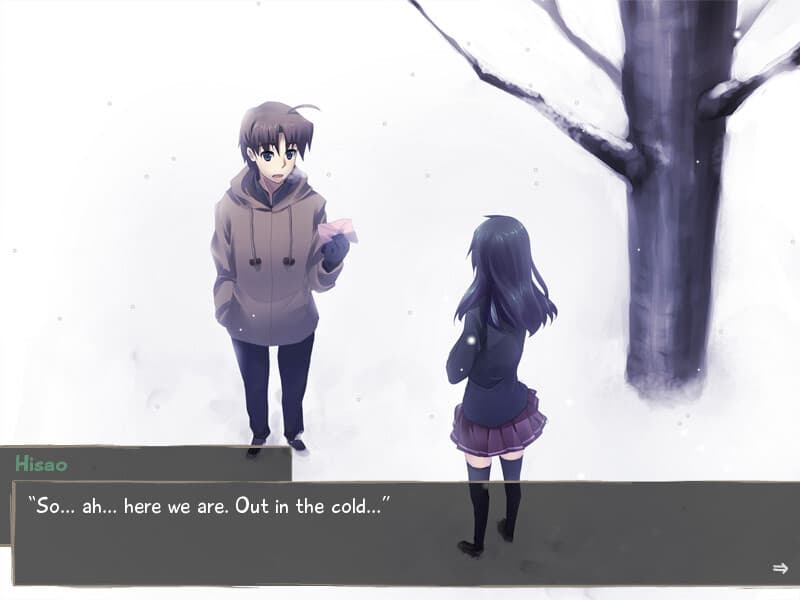 Katawa Shoujo 게임 화면: 눈 내리는 풍경에서 대화창을 띄우고 이야기를 나누는 두 인물.