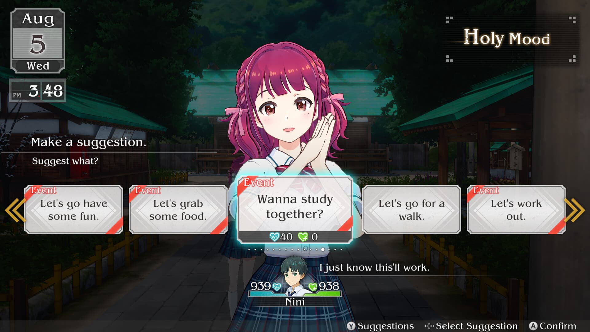 Loop8: Summer of Gods : un personnage fait des choix relationnels au cours d’une conversation estivale.