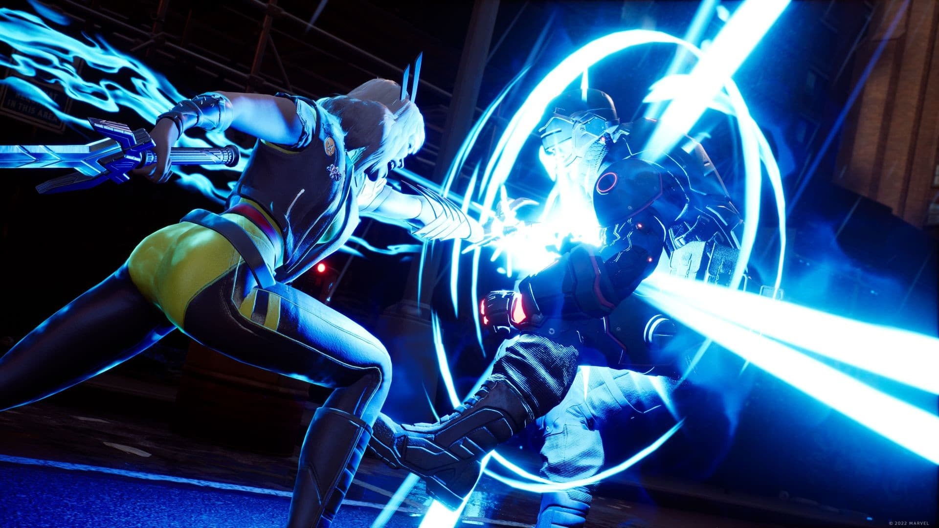 Marvel's Midnight Suns: ein Held greift inmitten eines hellblauen Energieeffekts an.
