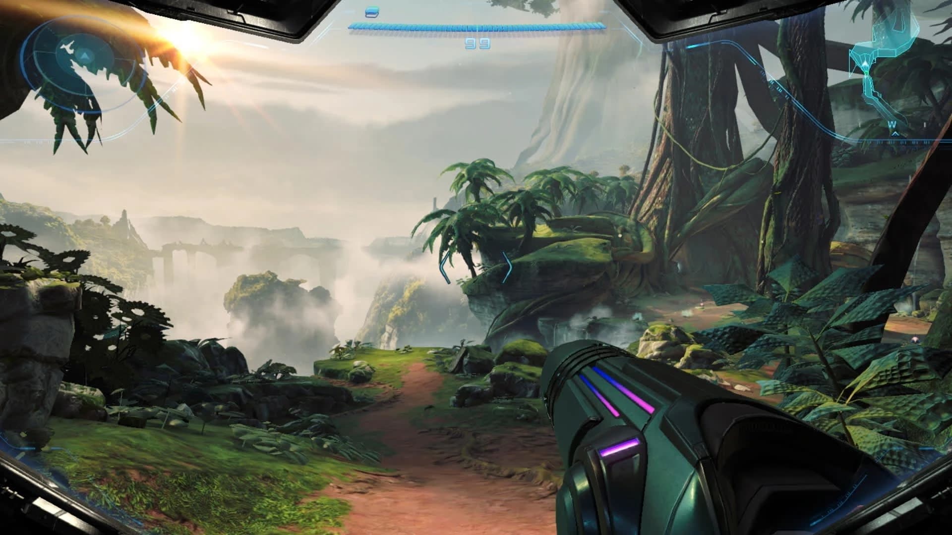 Metroid Prime 4: Beyond — Vue à la première personne d’une forêt extraterrestre luxuriante dans l’édition Nintendo Switch 2.