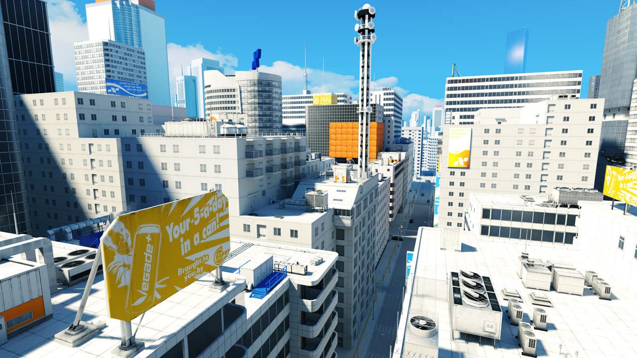 Mirror's Edge™ : une skyline lumineuse s’étend au-delà d’un toit élevé.