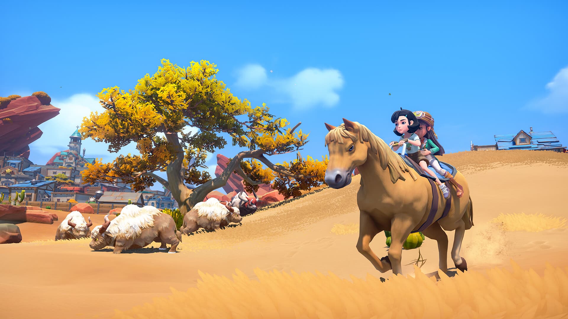 My Time at Sandrock : des personnages traversent à cheval une ville du désert colorée.