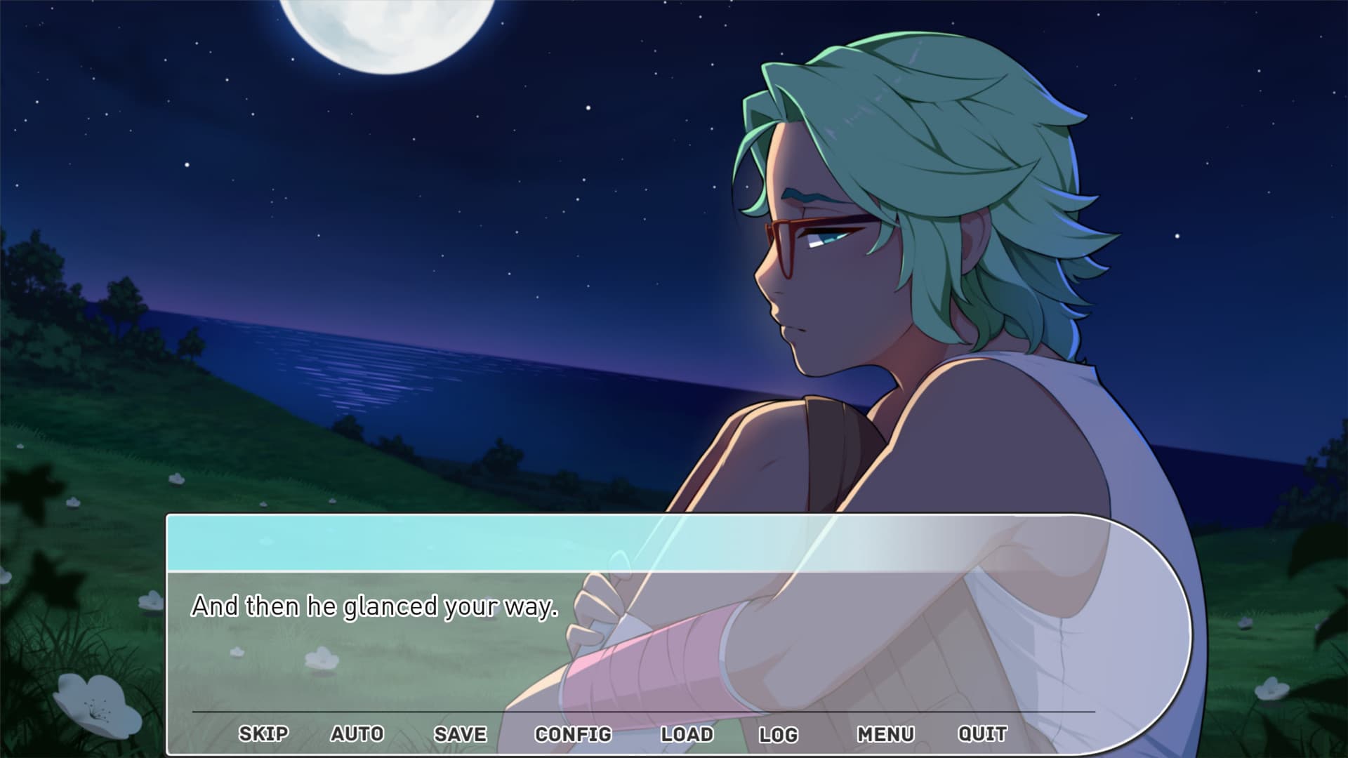 Dialogszene aus einer Visual Novel mit einer Figur an einem mondbeschienenen Ufer; Dialogfeld und Spielmenü sind sichtbar.