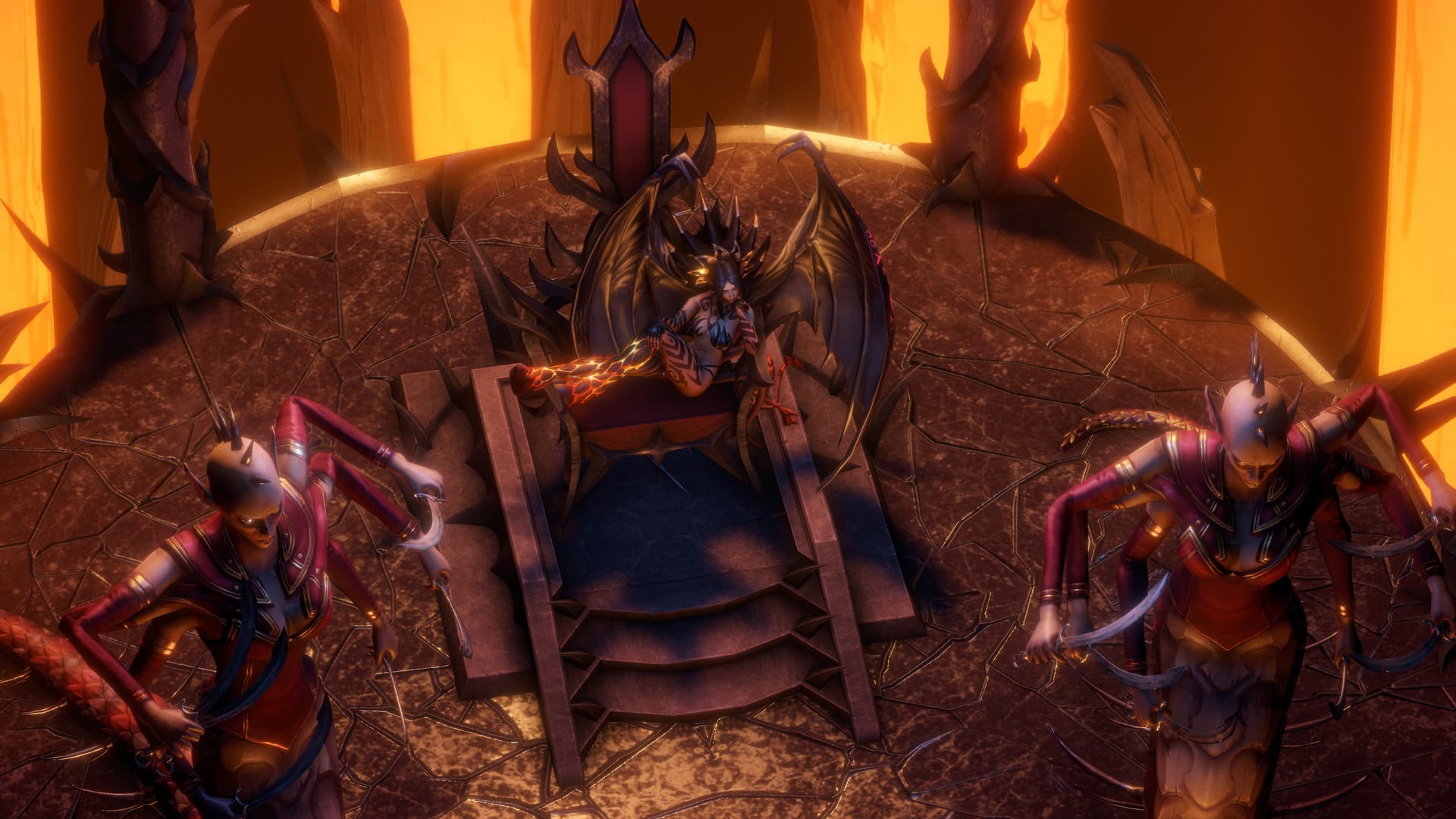 Pathfinder: Wrath of the Righteous - Enhanced Edition: eine Gruppe kämpft in einer orange beleuchteten Höhle gegen Dämonen.