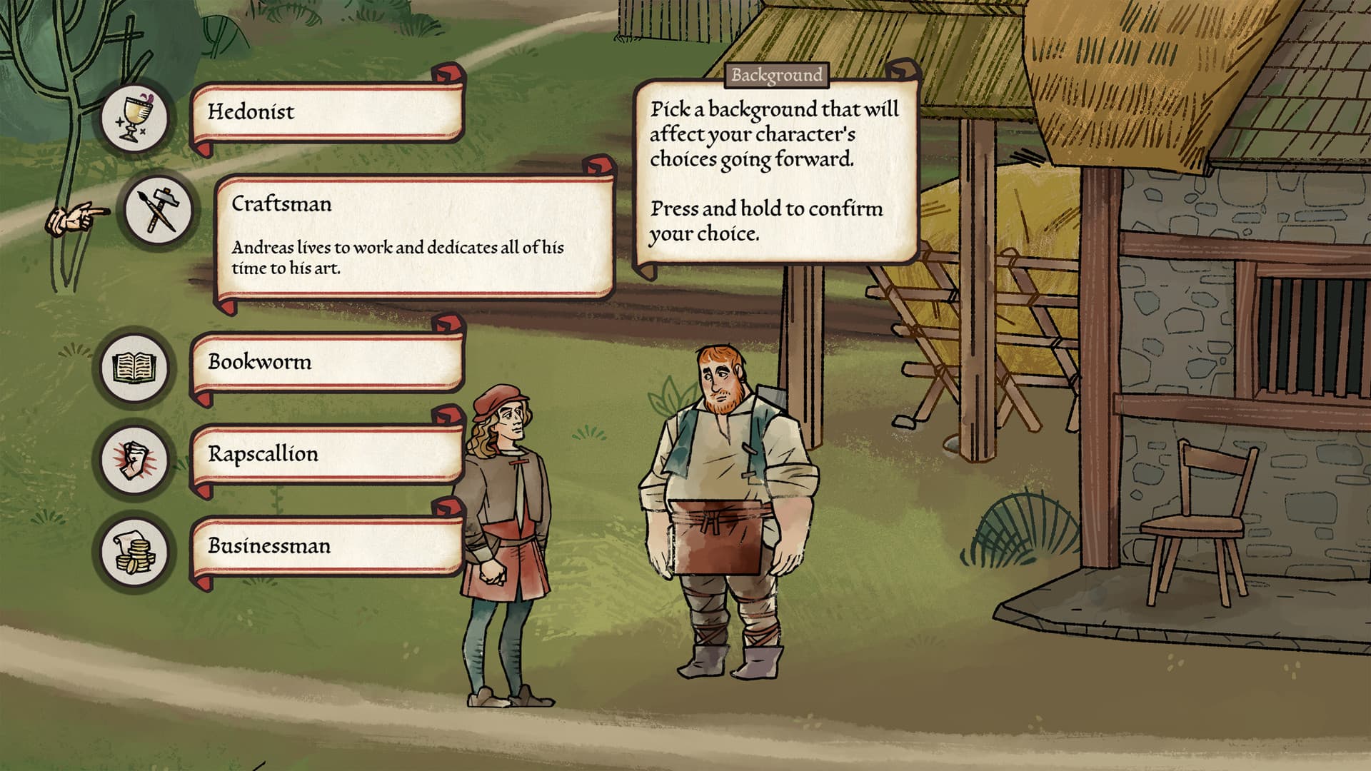 『Pentiment』のゲーム画面:会話選択肢のメニューの横で、村人二人が話す場面。