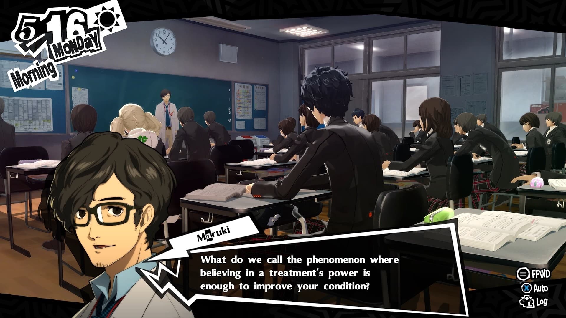 Screenshot aus Persona 5 Royal: Schüler in einem Klassenzimmer mit eingeblendeten Dialogoptionen.