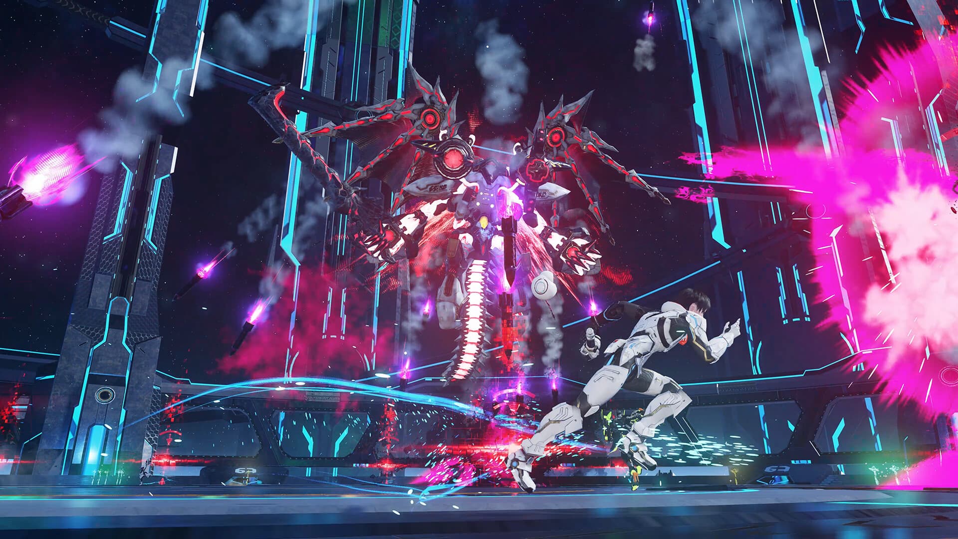 «Phantasy Star Online 2 New Genesis»: отряд сражается с крупным противником на футуристической арене.