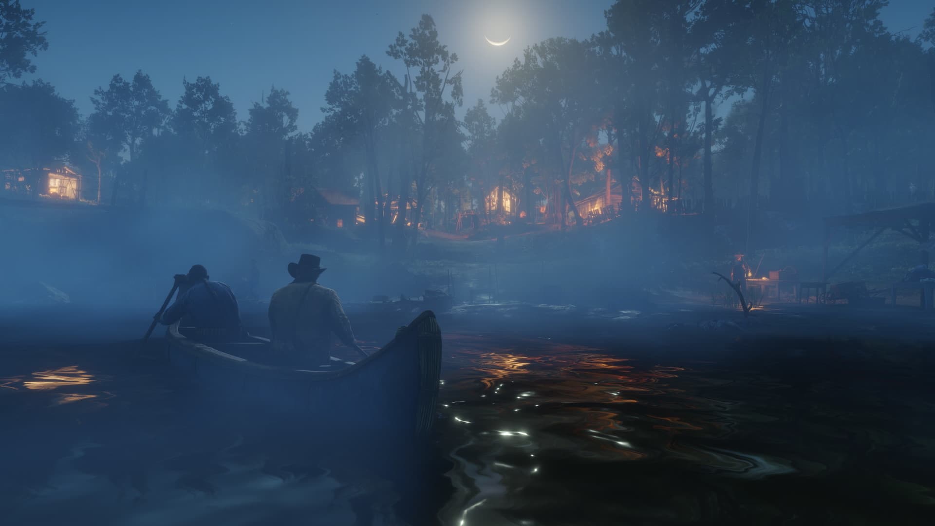 Red Dead Redemption 2: riders travel through a misty forest.