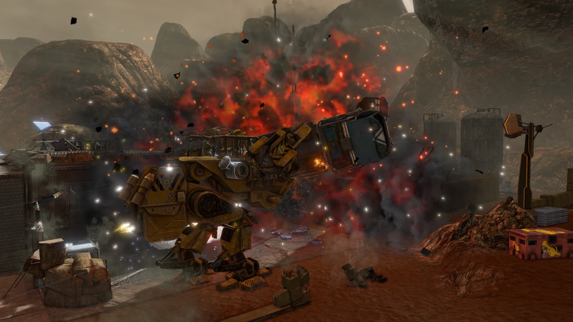 Red Faction Guerrilla Re-Mars-tered : une explosion ravage une colonie pendant un combat.