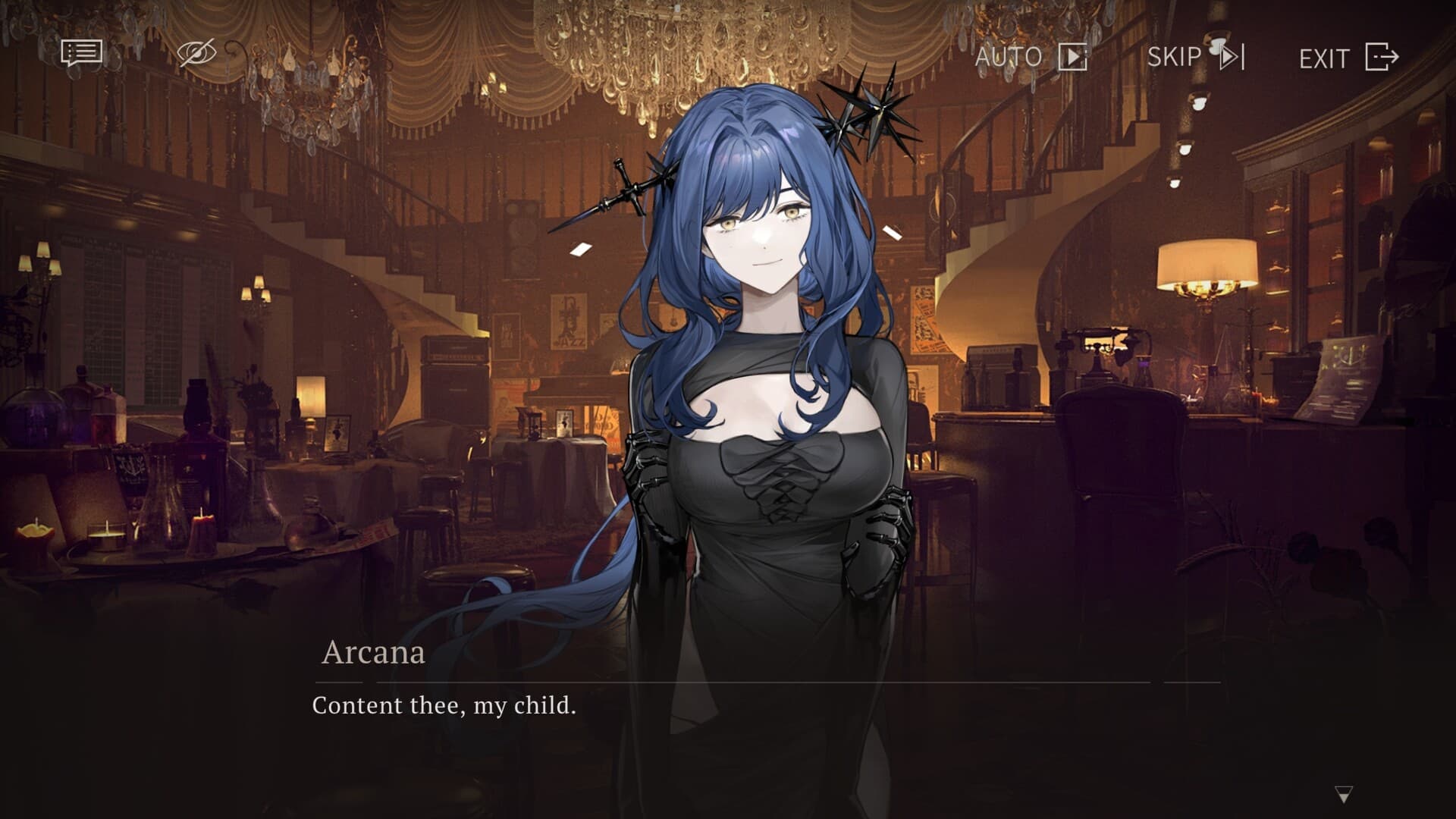 Captura de Reverse: 1999: una mujer de cabello azul en una sala ornamentada, con diálogo visible.