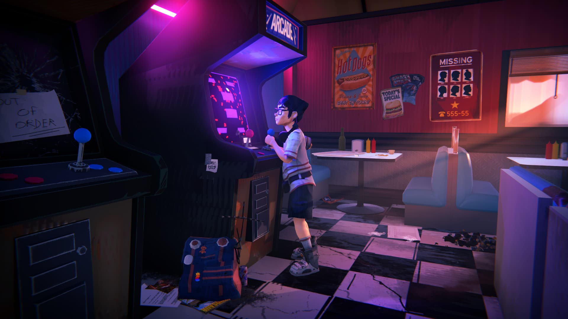 『Road 96』のゲーム画面:ネオンに照らされた道路沿いのゲームセンターに立つ人物。