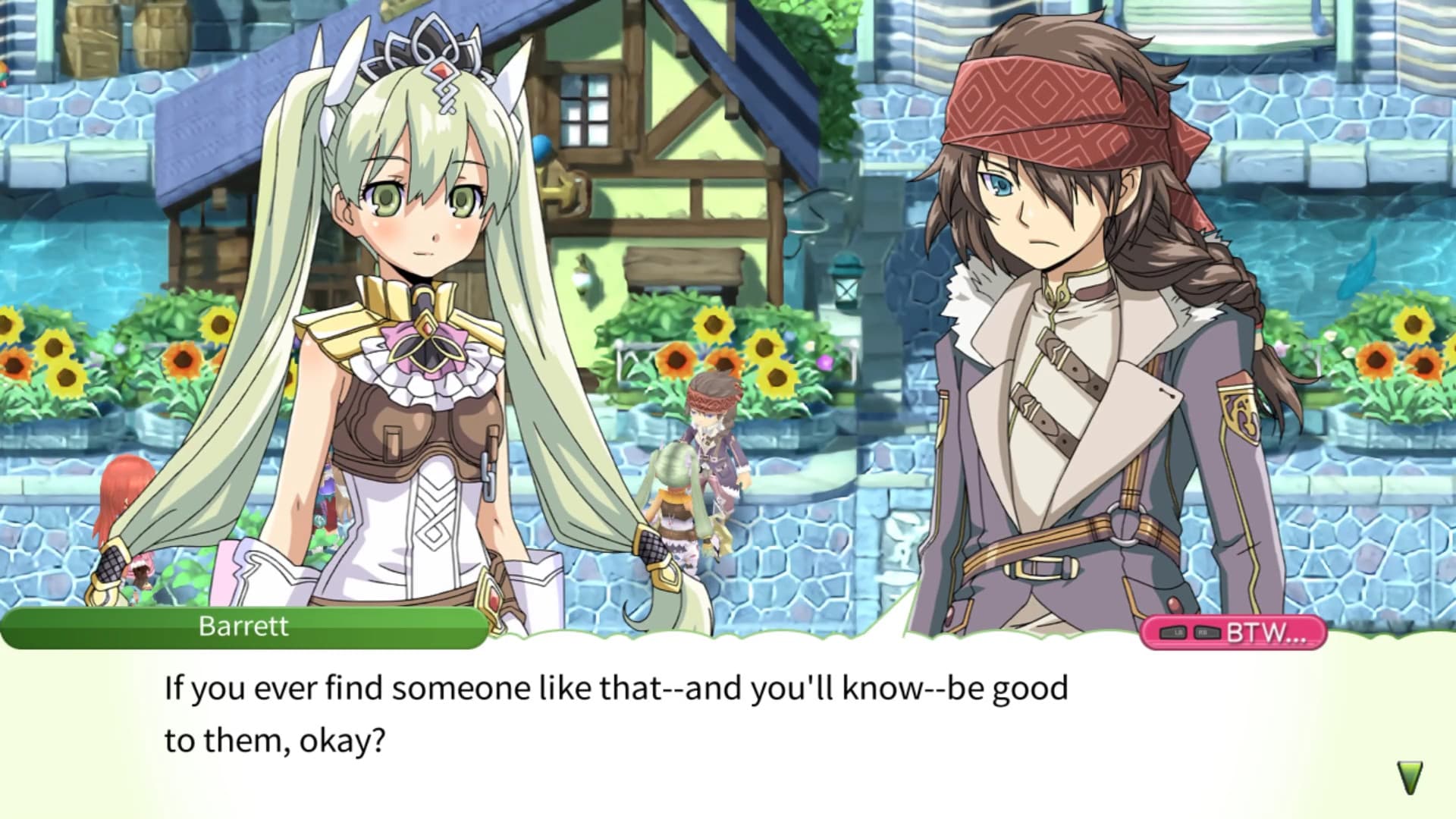 Rune Factory 4 Special : deux personnages discutent dans un village, avec la boîte de dialogue affichée.