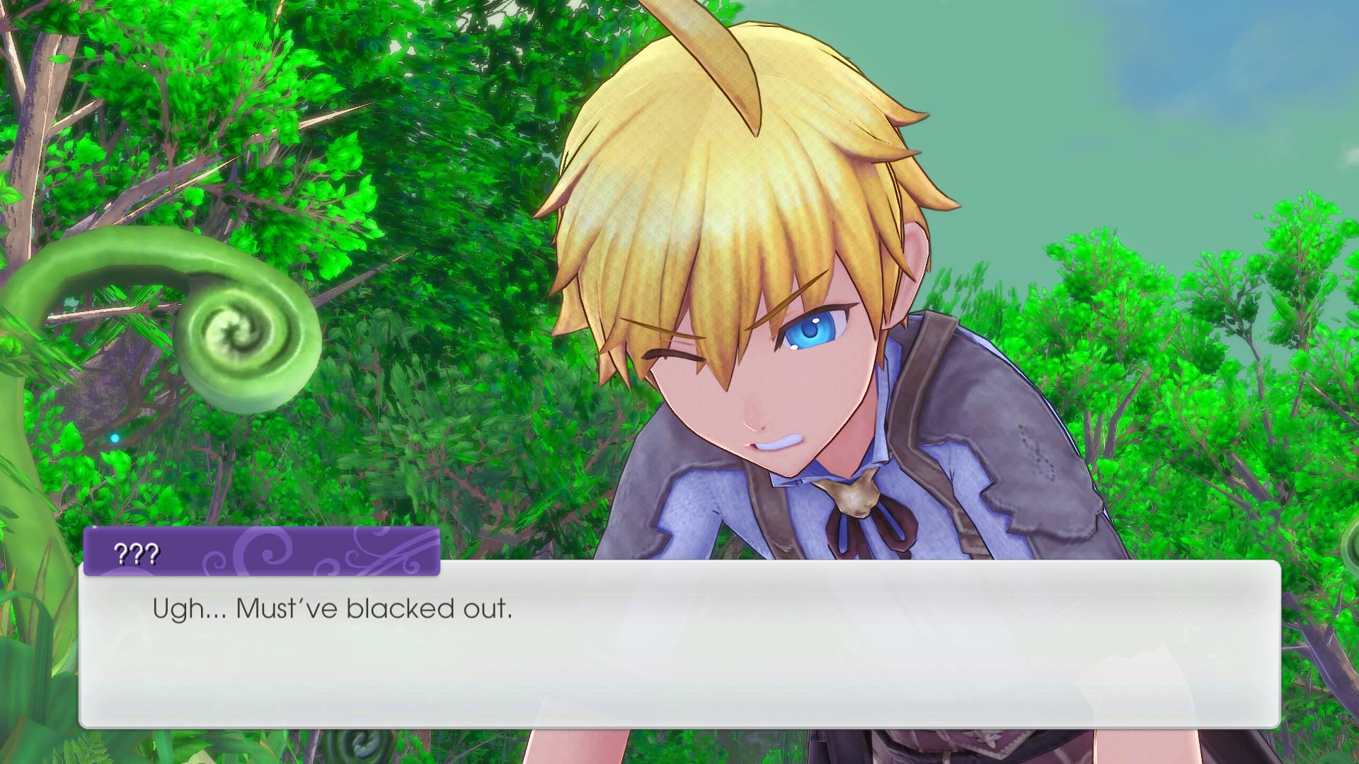 Scène de dialogue avec un personnage blond dans une forêt verdoyante ; la boîte de dialogue de Rune Factory 5 est visible.