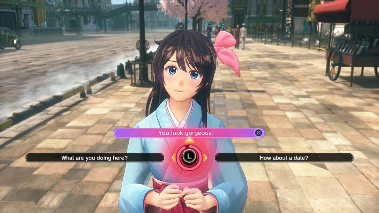 Sakura Wars — Une conversation dans une rue de la ville propose trois réponses possibles.