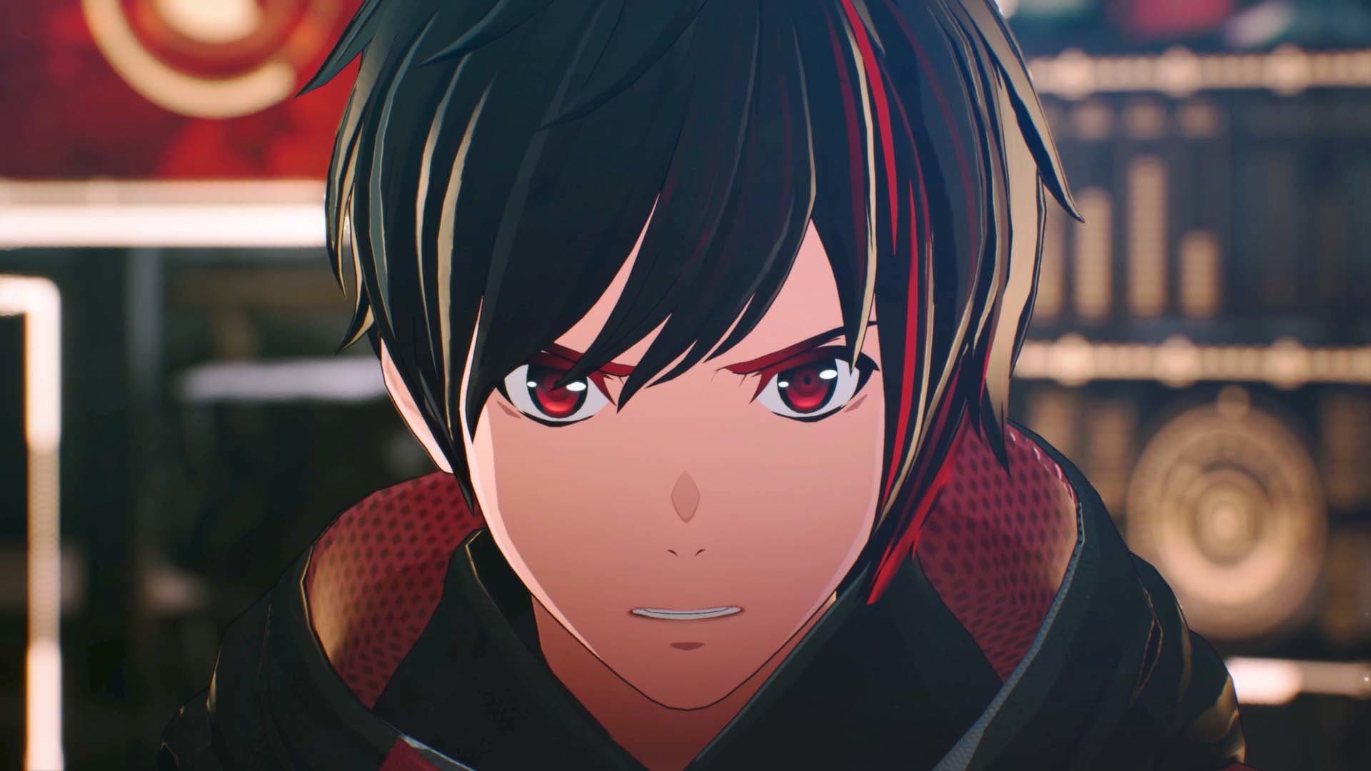 SCARLET NEXUS 게임 화면: 도시를 배경으로 붉은 머리 캐릭터가 이쪽을 바라보는 장면.
