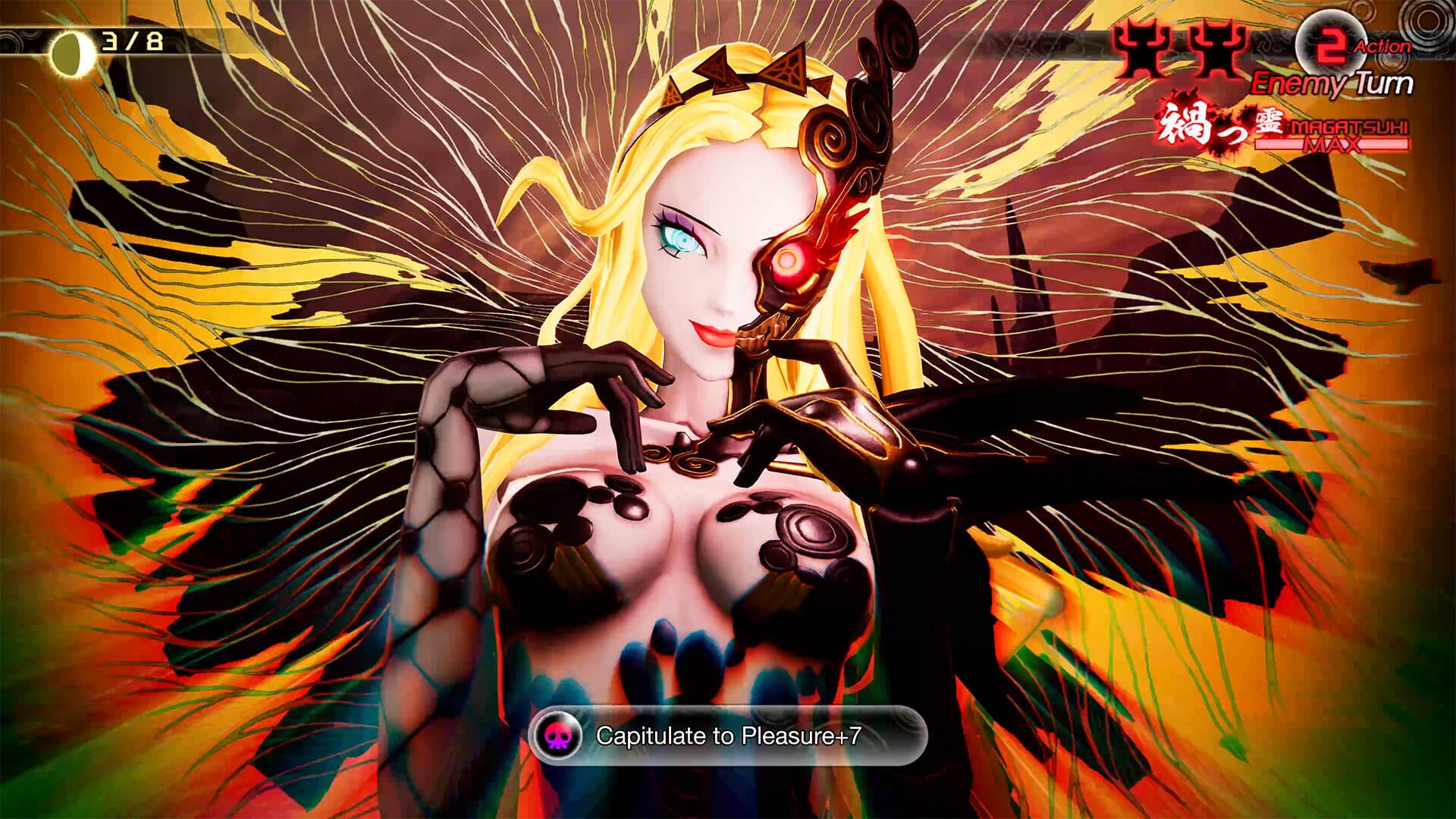 Shin Megami Tensei V: Vengeance: eine Figur kämpft in einer farbenprächtigen Arena gegen einen Dämon.