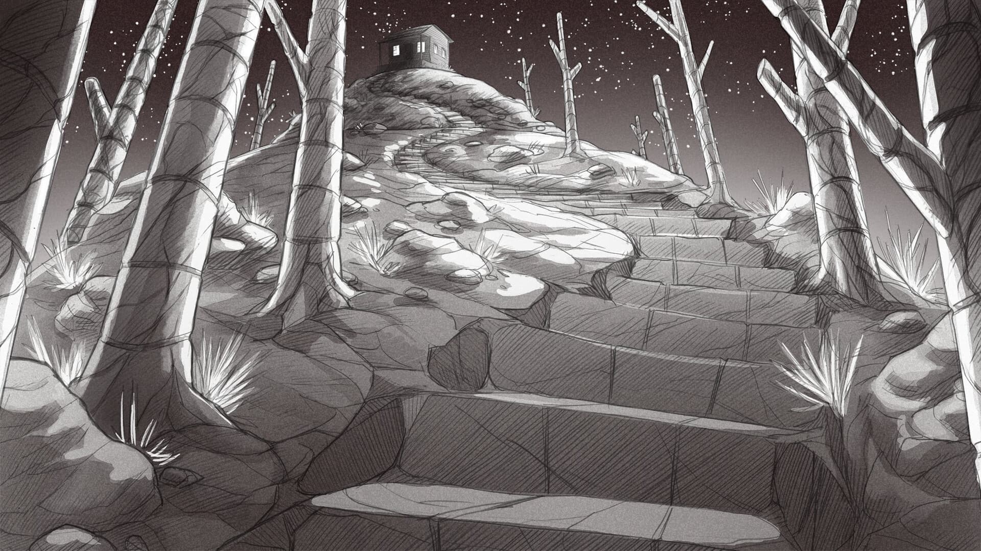 Screenshot aus Slay the Princess: einen schwarz-weißen Waldpfad zwischen kahlen Bäumen.