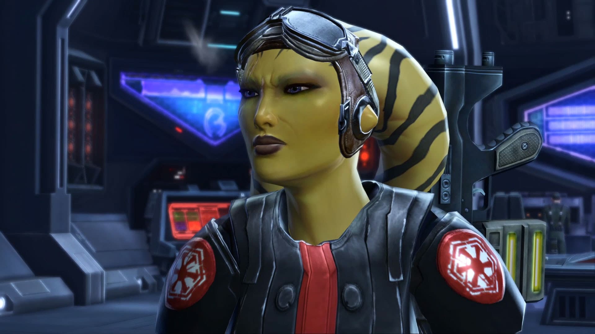 STAR WARS™: The Old Republic™: a Twi’lek stands in a science-fiction setting.