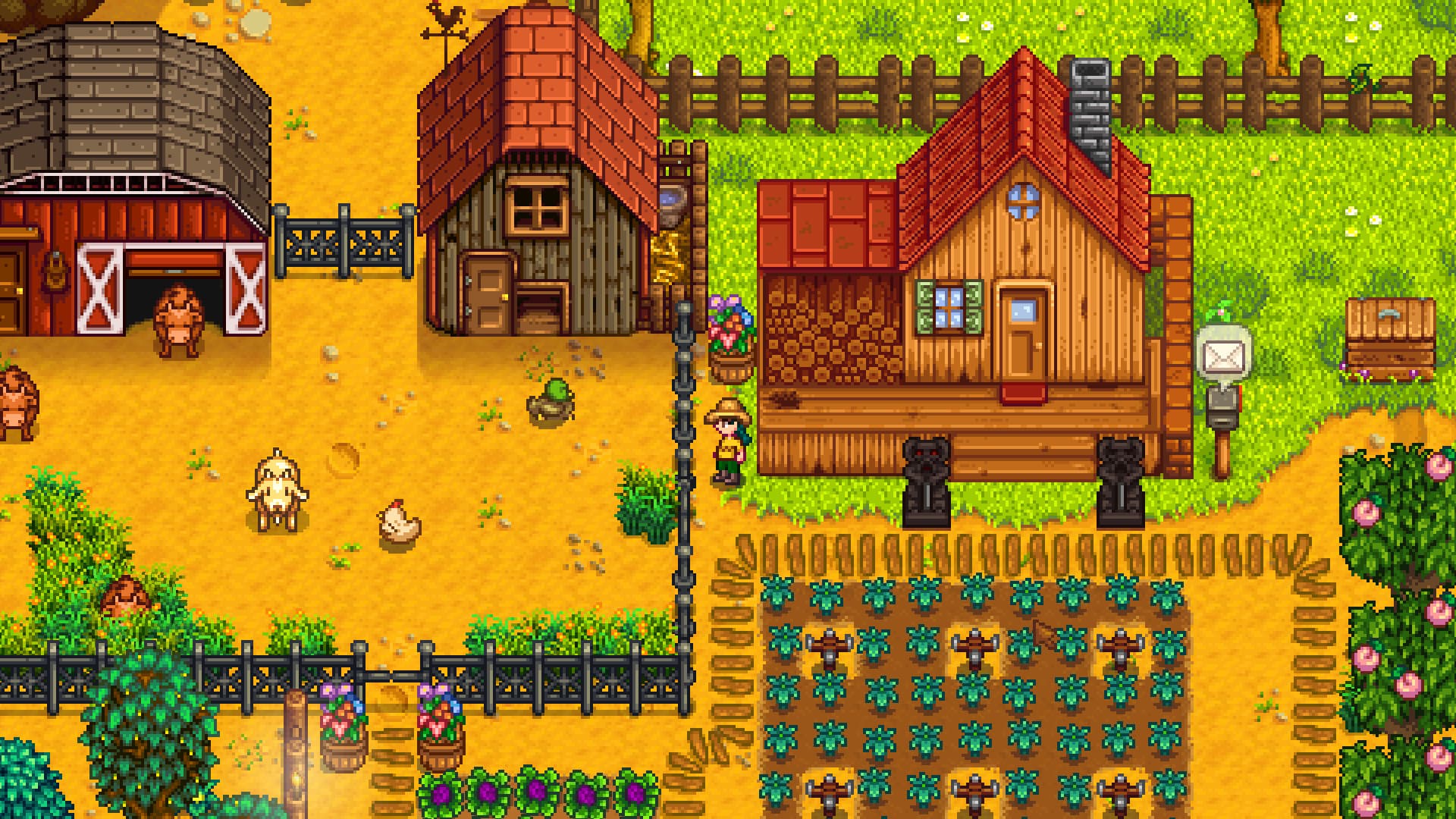 «Stardew Valley»: пиксельная ферма с посевами, домом и значками инвентаря.