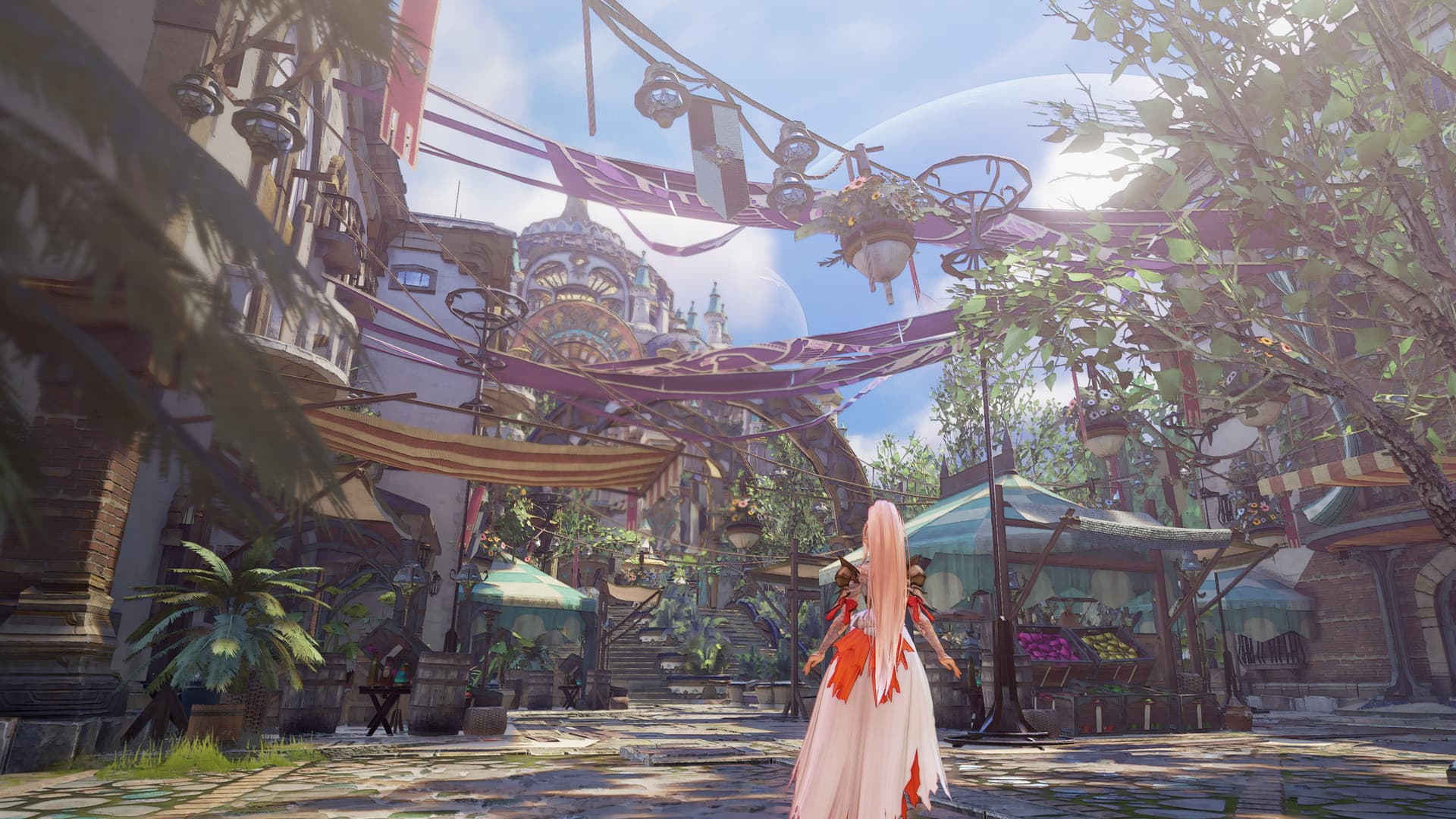 Tales of ARISE 게임 화면: 활기찬 판타지 시장에 서 있는 인물.