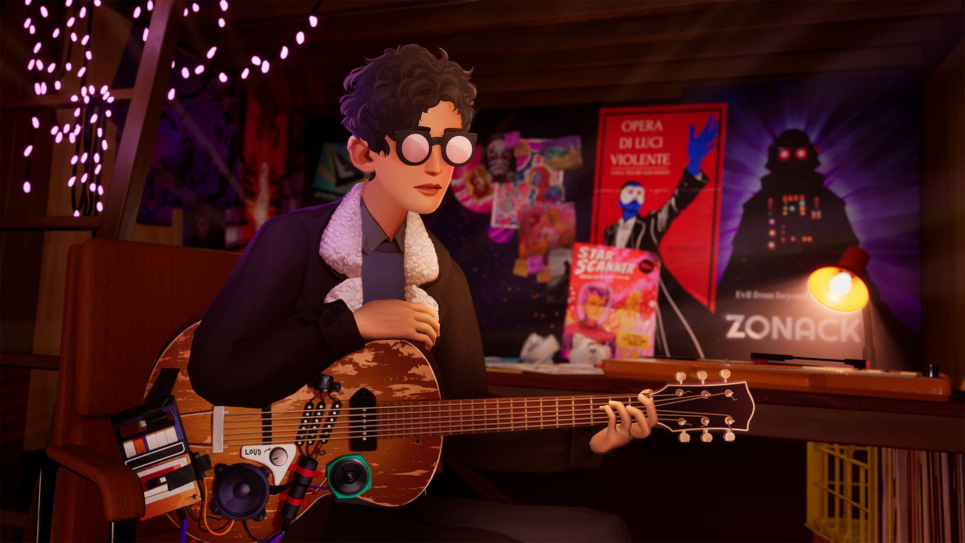 『The Artful Escape』のゲーム画面:クラブの色とりどりの照明の下で演奏するミュージシャン。