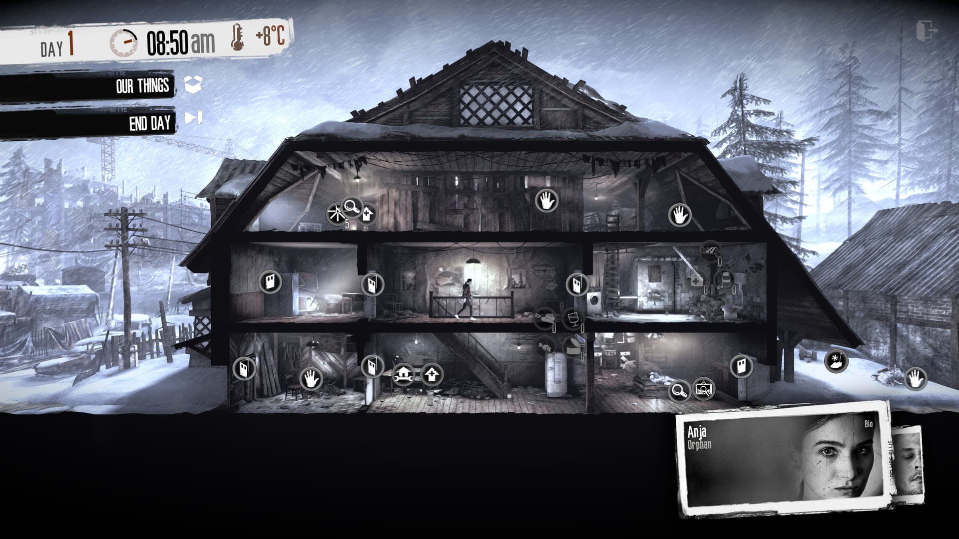 This War of Mine: eine graustufige Schutzraum-Szene mit Überlebenden und Ressourcensteuerung.