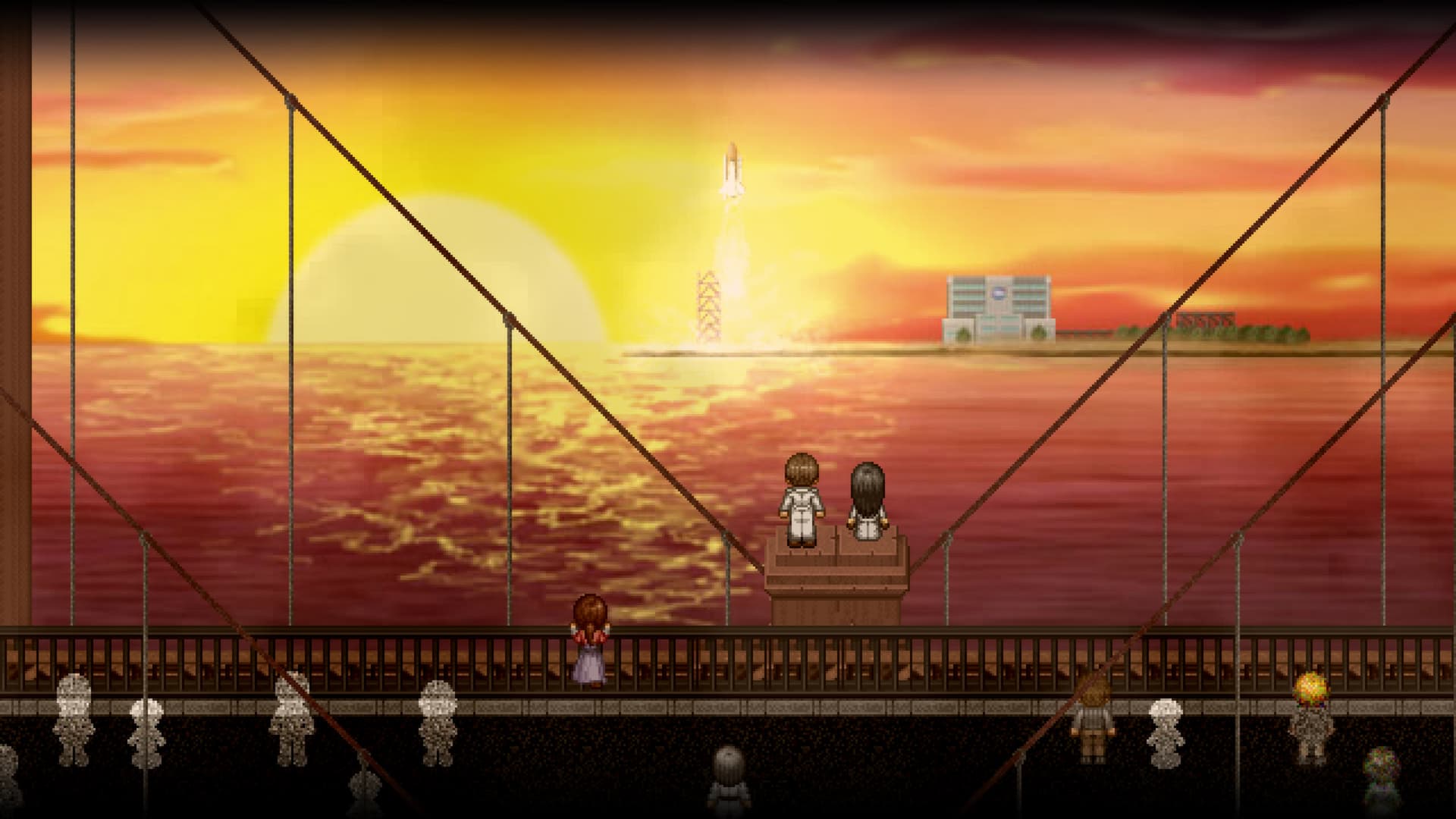 Screenshot aus To the Moon: zwei Figuren stehen bei Sonnenuntergang auf einem Steg.