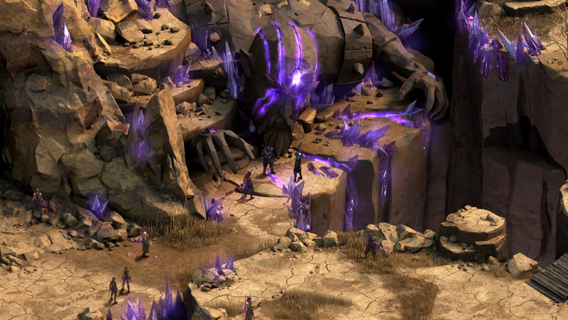 Tyranny: a party approaches a glowing purple cavern.