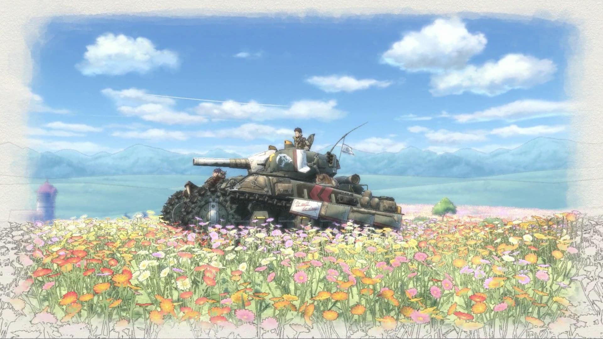 Valkyria Chronicles 4 Complete Edition: ein Panzer steht auf einer blühenden Wiese unter blauem Himmel.