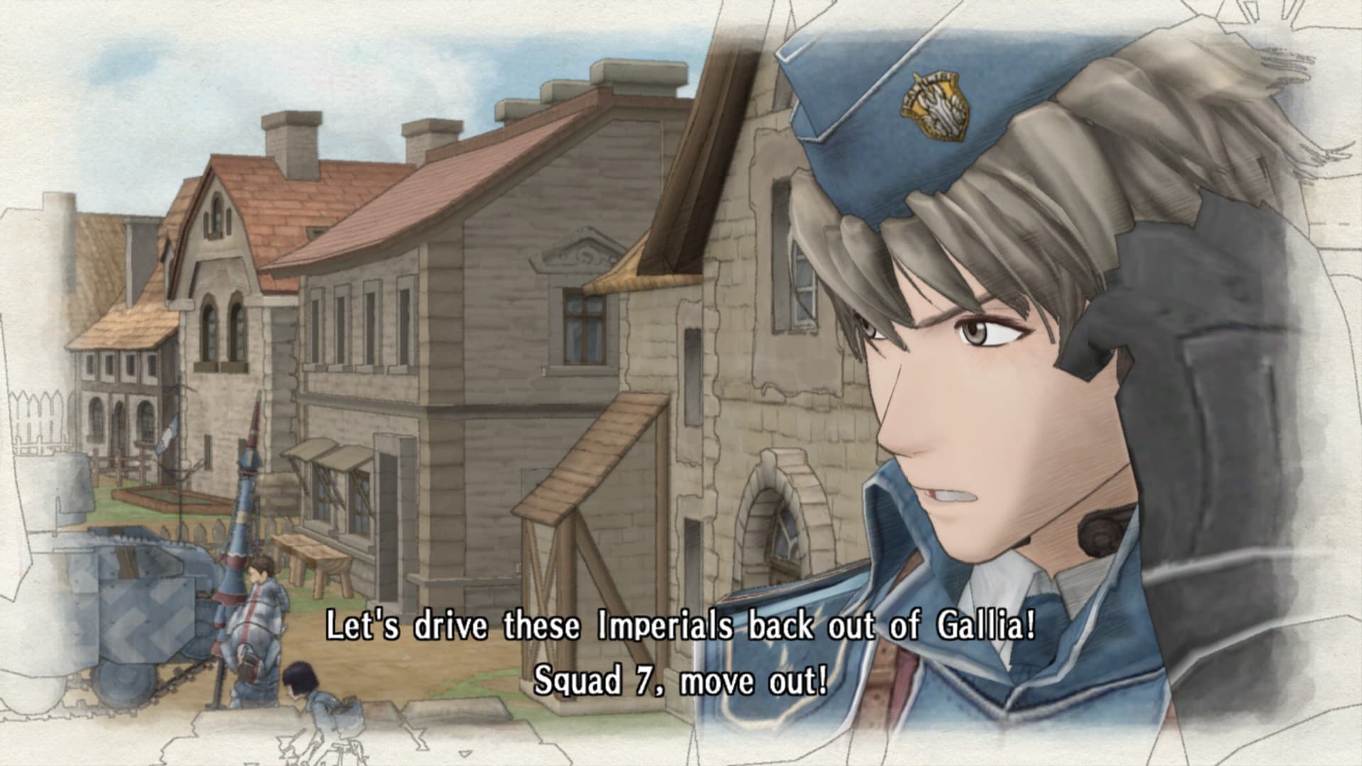 Valkyria Chronicles™: ein Figurenporträt über einer Dialogszene im Aquarellstil.